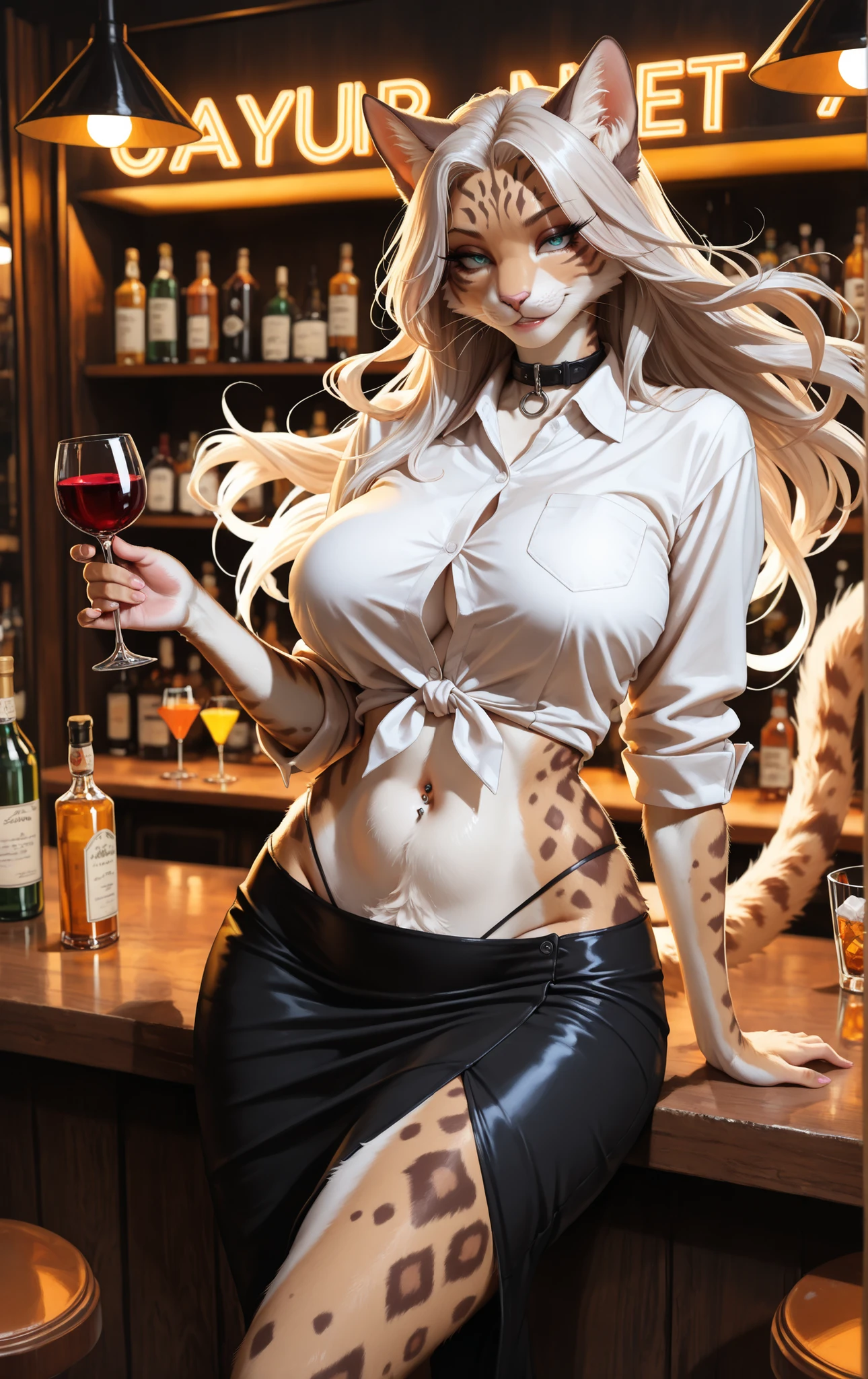 (masterpiece, detailed:1.2), semi-realistic, hyper-detailed, milf, (female anthro cat, Anthropomorphic cat, sexy cat, furry female cat), fierce, gradient hair, sexy face, seductive smile, Seductive expression, beautiful detailed eyes, aqua eyes, thick and long eyelashes, (floating hair, platinum hair, long hair, Voluminous hair, full hair), (detailed clothes, white mini shirt, collar shirt, roll up sleeves, Low-rise skirt, tube skirt, flat stomach, visible groin crease g-string strap), (high detail fur, fur fluffy, fluffy fur all over body), voluptuous, thicc, curvy figure, massive breasts, extremely busty, wide thick hips,  solf lighting, night bar background, moody night bar scene, neon signs glowing softly outside rainy window, reflections on polished wooden counter, bartender polishing glass, shelves lined with colorful liquor bottles, a few mysterious patrons sitting at the counter with dim shadows on their faces, warm golden lighting over the bar, vintage bar stools, low jazz music vibe, smoky air, cocktail glass with ice cubes glowing faintly, urban nightlife, cozy yet mysterious atmosphere, cinematic composition, dramatic shadows and warm tones, realistic style, depth of field focus on drinks and hands, background fading into hazy blur, long legs, Navel piercing, dynamic composition, dynamic angle, holding wine glass,