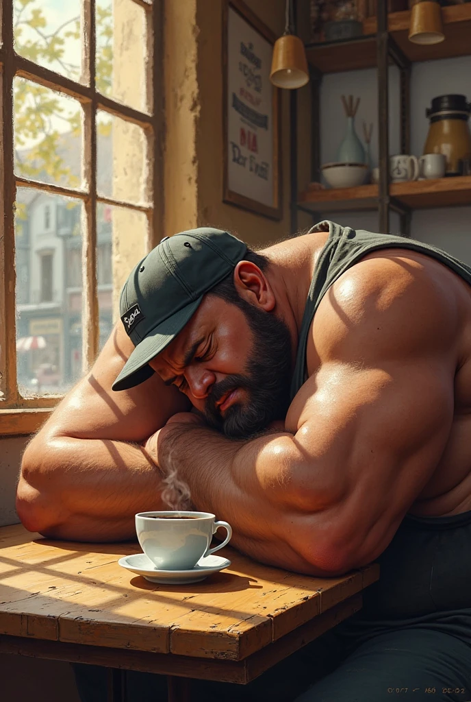 A very large muscular man drinking tea from a tiny porcelain teacup