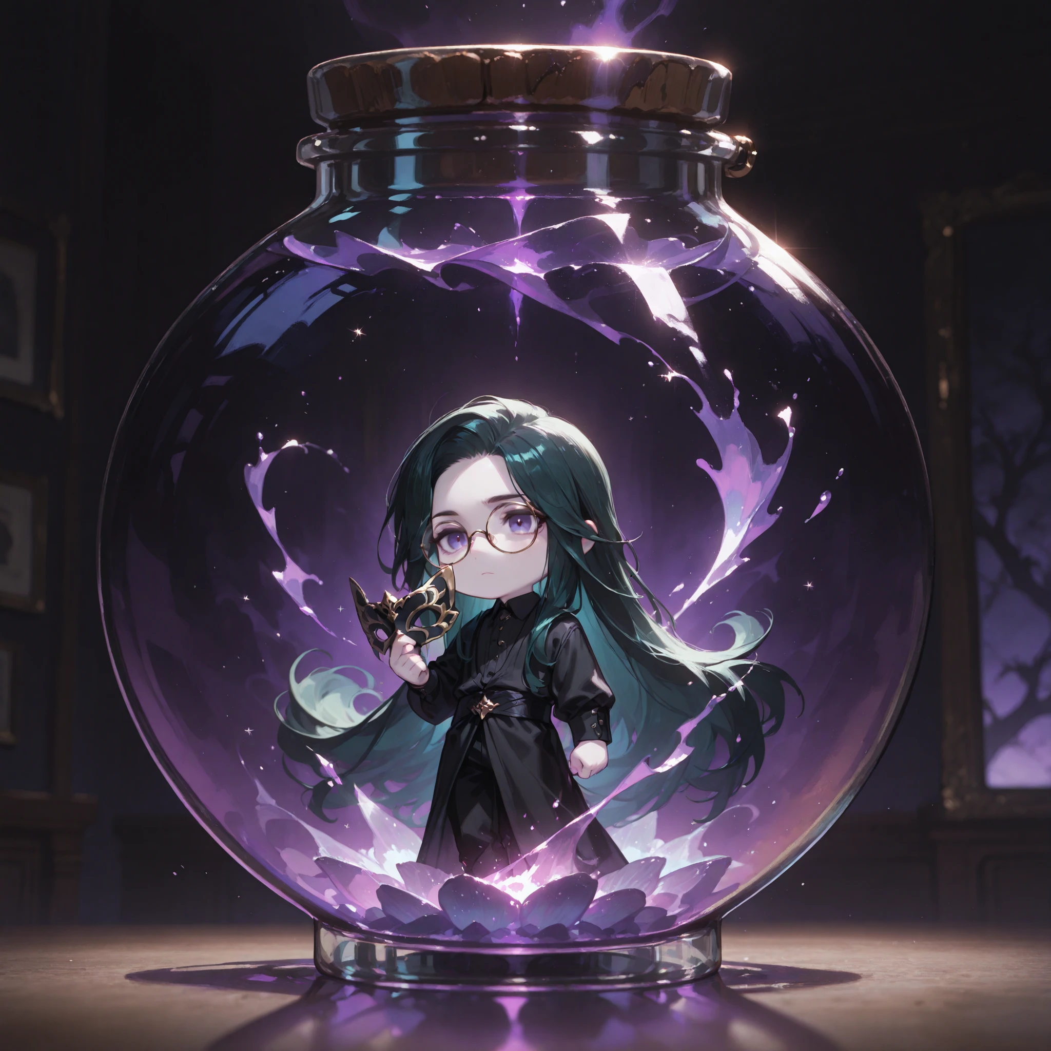 (masterpiece, high quality, ultra-detailed), chibi, solo, 1 boy, close-up, cinematic lighting, dramatic,
male fairy, handsome, actor, flawless skin, pale skin, very long hair, hip-length hair, dark green hair, loose Waves, empty purple eyes, dark circles, round glasses, black dress shirt, black slacks, masquerade mask, holding mask holding on hand,
Inside a sealed transparent round glass bottle, glowing liquid inside, Fairy in a bottle,