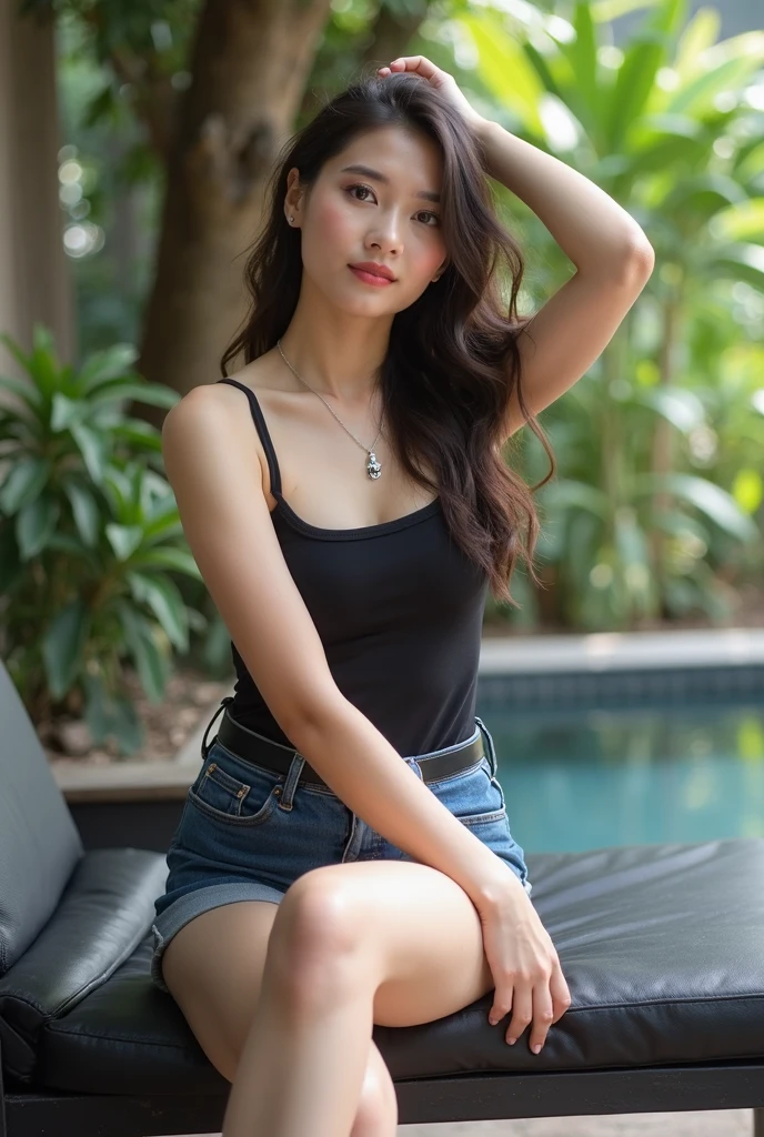 (smile)、(((Staring at the audience)))、((universe船のコックピット座っているuniverse服を着たuniverse服を着て)), Cute girl in a tank top, ((Sitting on a chair with legs spread))、((Sexy young woman&#39;s body:1.4))、universe、universe空間、Spread your legs wide、