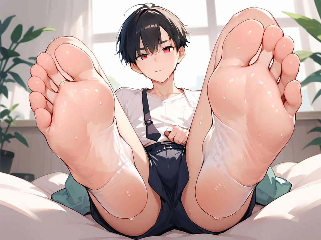 A very sexy tomboy girl with short hair and sweaty feet masturbating without panties and wearing black nail polish and her shoes next to her smell a lot