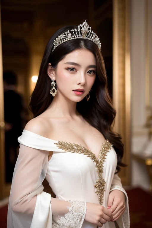 a beautiful korean girl wearing a red and black shoulder off knee length tight fitting wedding dress, detailed face with beautiful eyes, nose, and lips, long eyelashes, flowing hair, elegant posture, standing in a lavish ballroom interior with chandeliers, gold decor, and marble floors, (best quality,4k,8k,highres,masterpiece:1.2),ultra-detailed,(realistic,photorealistic,photo-realistic:1.37),cinematic lighting,dramatic colors,renaissance painting style