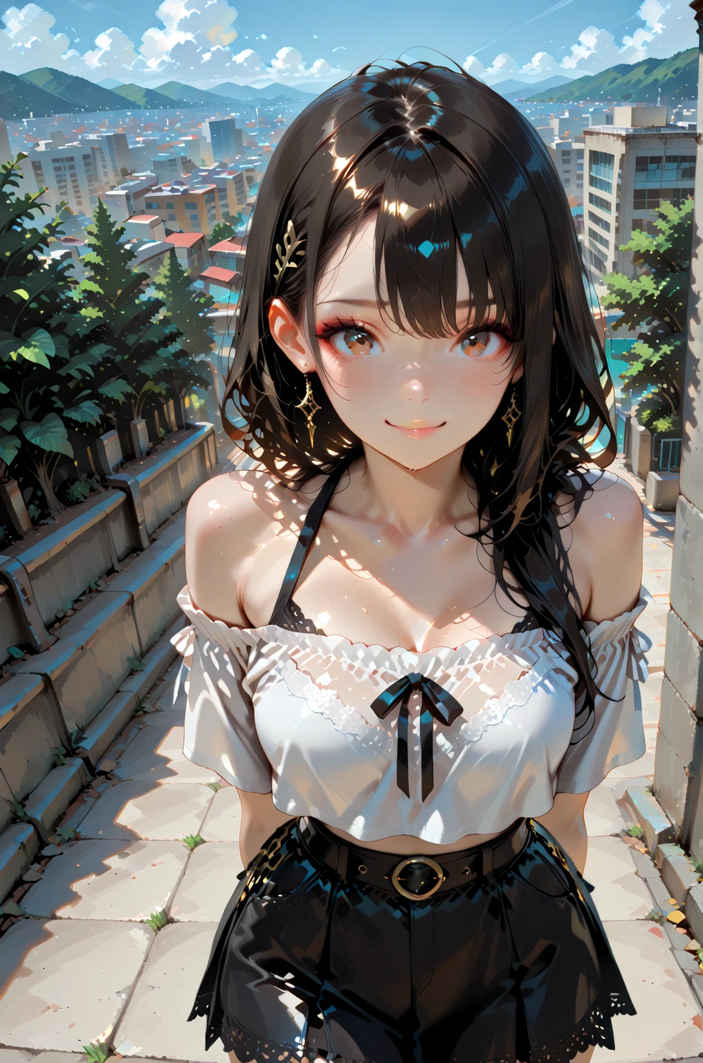 High resolution、Super detailed、(1 girl:1.3)、complex architecture、lush garden、Designing images using the fisheye effect、Capture a wide field of view with a unique curved perspective、panoramic cityscape、Creating elevation-aware rooftop views in urban environments、smile、cleavage