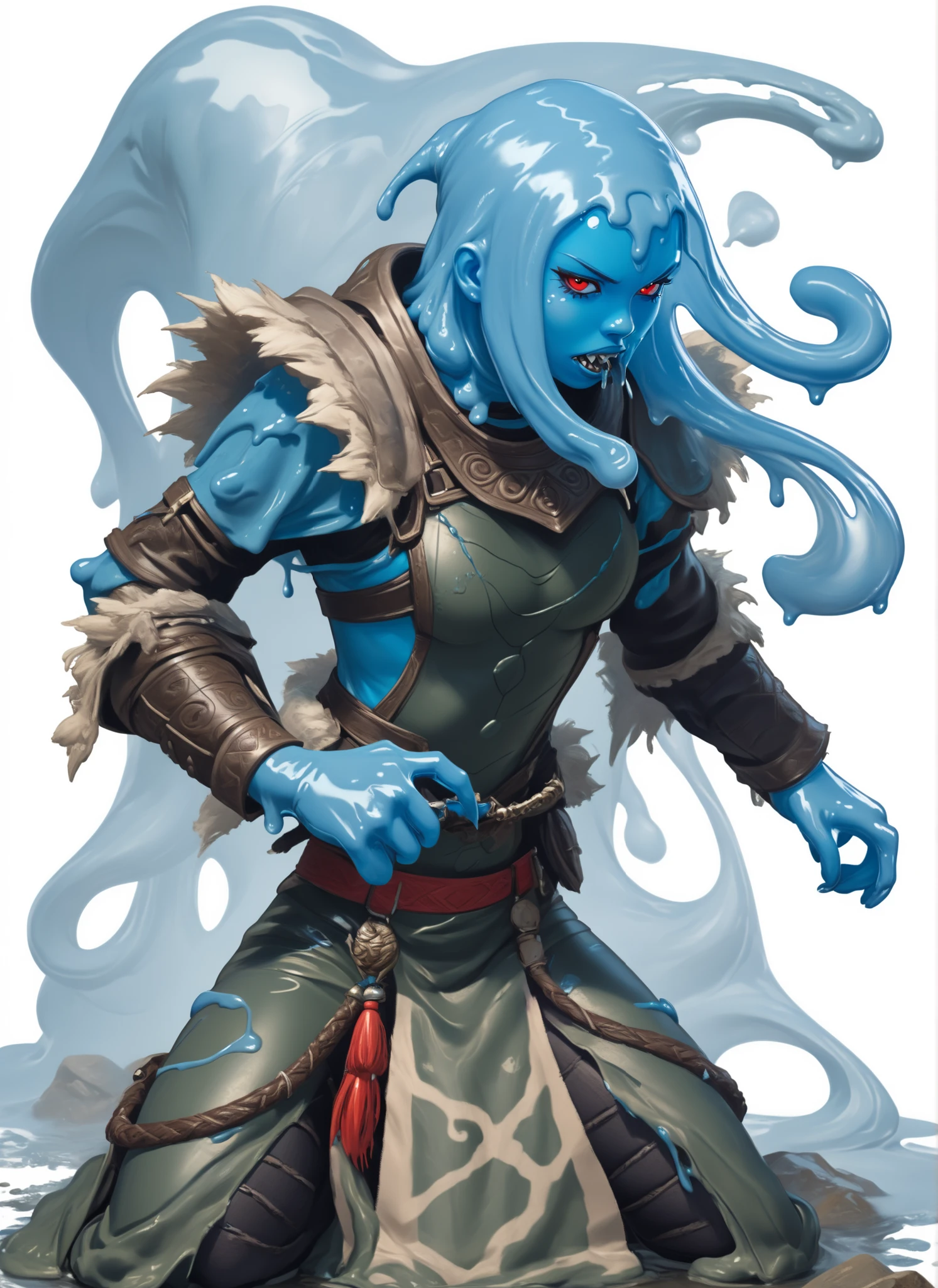 Slender latex slime-bodysuit. Blue latex slime-skin-suit/synsuit. Dripping Asian blue slime monster-girl. Aztec monster-girl. Horror. Cute 18-year-old Asian "venom" slimegirl with Asian red eyes; she is bald and has only a slime-braid with white highlights. Sharp teeth in her mouth. She has a cute and beautiful face in a tight blue latex mask. She has a round and young face with a pointy chin. Her blue latex slime-body is athletic with abs. Background: medieval jungle ruins. Realistic lighting. DnD art-style. fake box art, semi-realistic, Looking at the viewer. She wears an Aztec beaten-up leather hotpants and leather top.