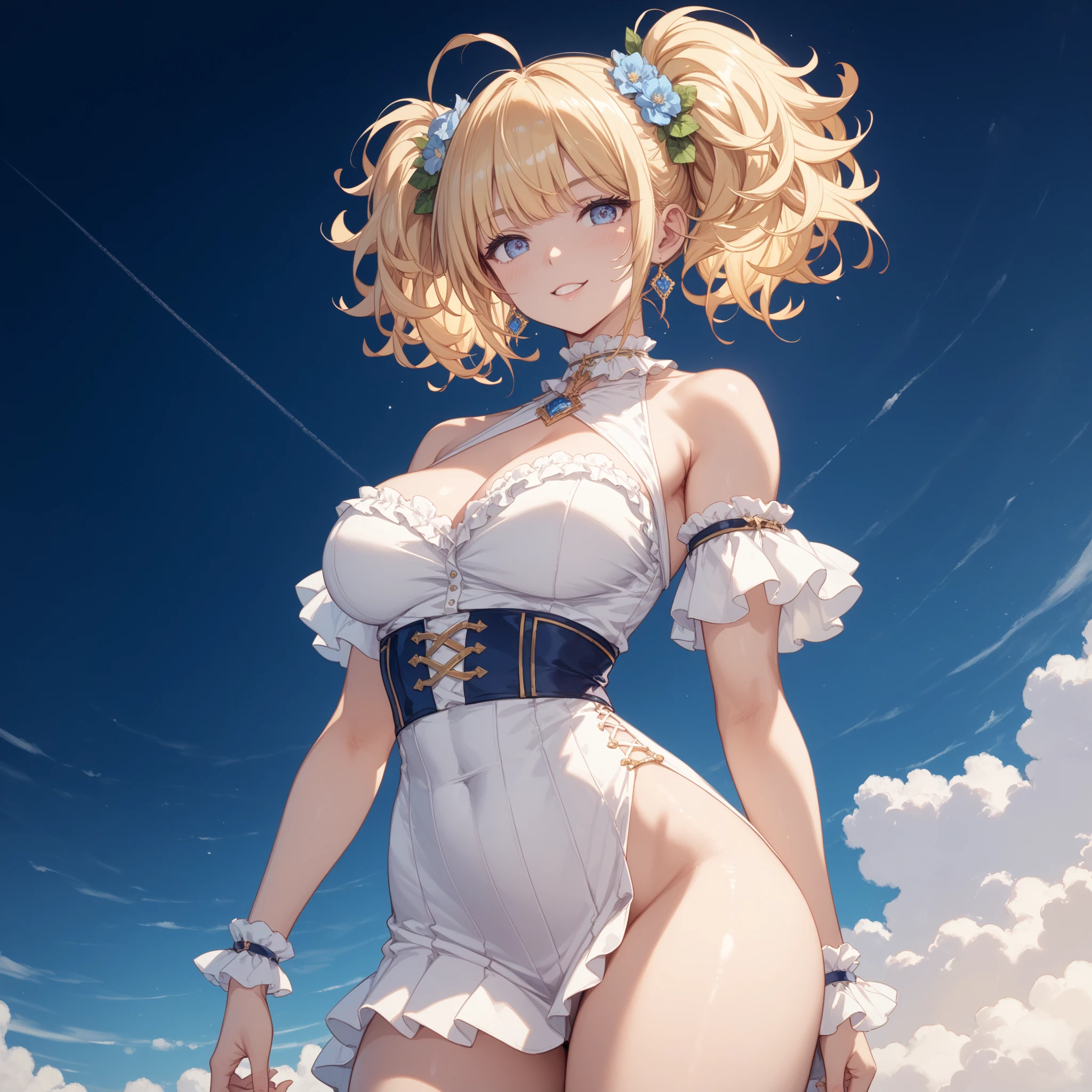 1 girl, blonde bob hair, heart shaped eyes, ♡, big breasts, lace queen, {girl with blonde bob hair named nao}, (Pink eye color), {race car}, (smile), bright background , mole under eye, Star-shaped choker, (masterpiece, highest quality), very detailed, highest quality, official art, beautiful and aesthetic: 1.2), (1 girl), very detailed, (geometry art: 1.3), colorful, most detailed ,（garden,beautiful flower々）, (masterpiece, highest quality), official art, beautiful and aesthetic: 1.2), (1 girl), very detailed, (geometry art: 1.3), colorful