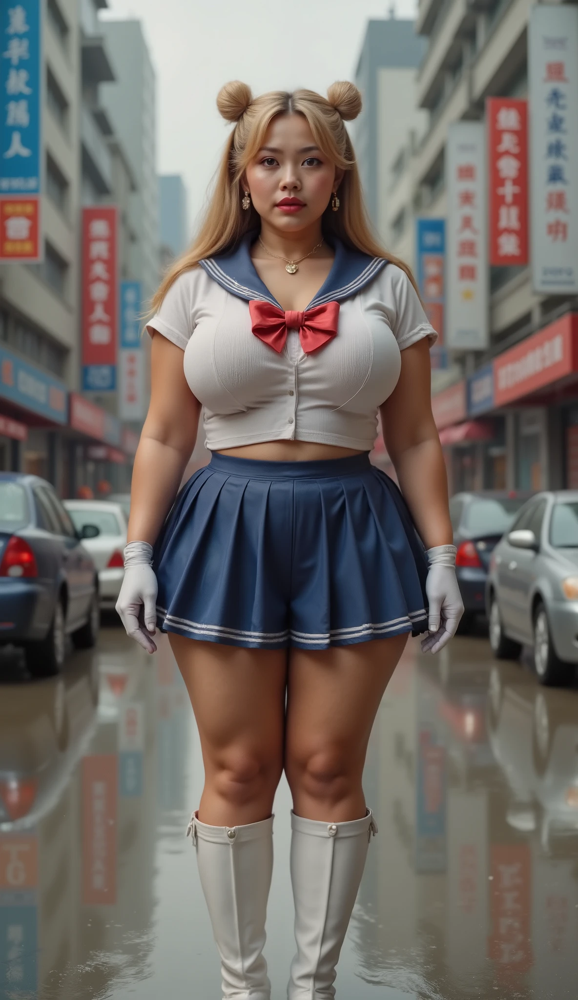 sailor clothing、Pleated skirt、Five fingers、gigantic boobs、cleavage of breast、Cool poses、a one woman、Fitness Model、long legs、Slender legs、a ponytail、Tanned skin、Glowing clothes、fullbody view、publicity cosplay、full-cosplay、taken with canon 5d mk4、cosplay photo