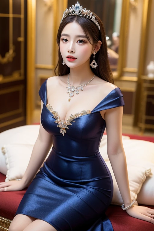 A gorgeous dress with blue sequins and gold embroidery、Wear beautiful jewelry、Ultra-high resolution、Powerful Images、8K Slender Woman、Big Breasts、brown hair short perm、smile cutely at the camera、Three star hotel lounge background、