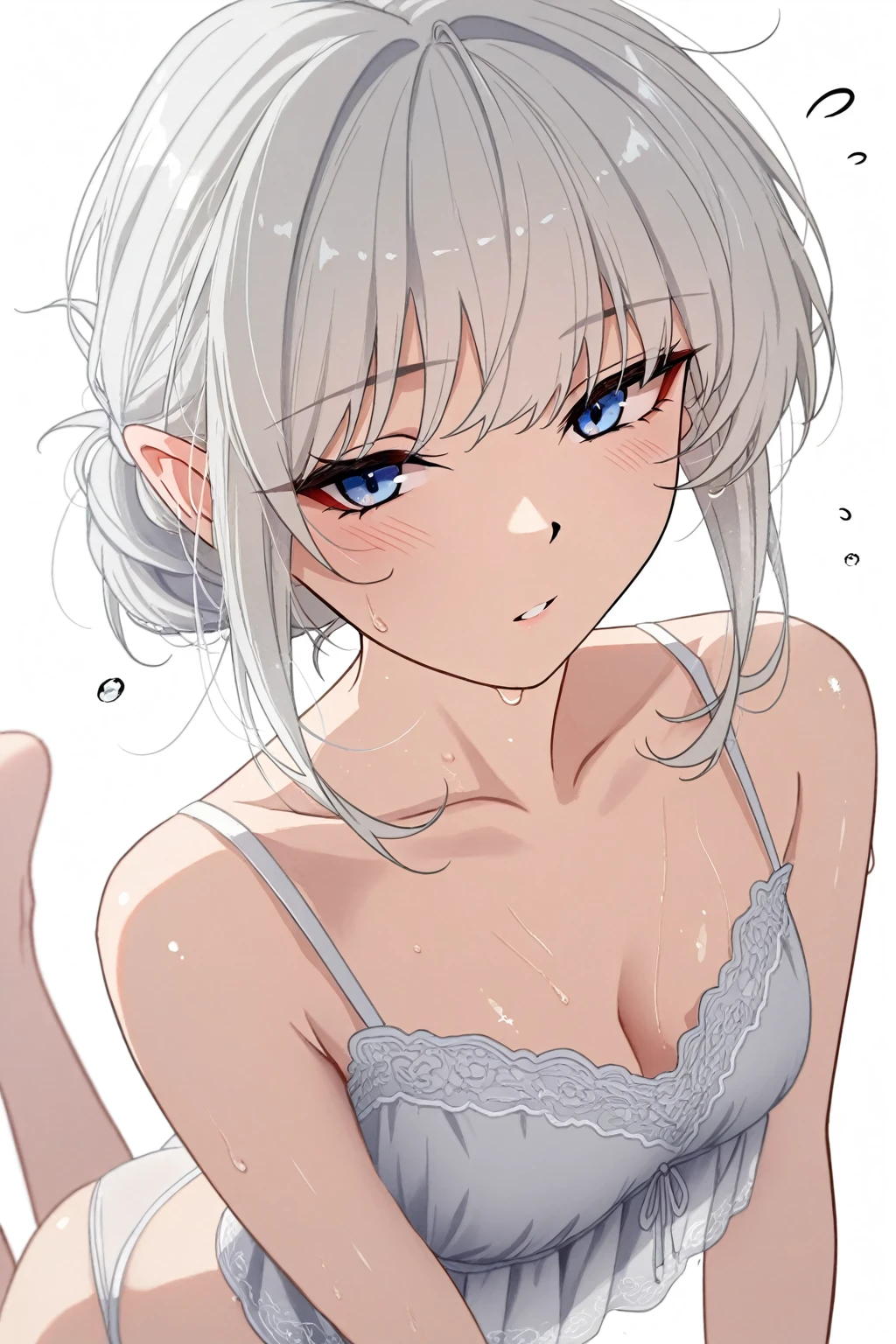 ((Put your hands on your face)), (surprised)), (blush), 1 girl closeup, elf, silver hair, red eyes, braided hair, bob cut, ruffles, undergarment, lingerie, skinny girl, sink, washroom, mirror, hunchback, concept art, beautiful anime scene, beautiful anime scene, best quality, masterpiece, 4k
