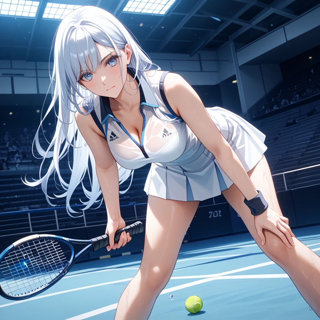 NFSW, A woman is playing tennis wearing white tennis wear, alone, panties, underwear, skirt, (shiny dark blue satin panties:1.3)、横紐panties that cover the butt、embarrassed expression, Thighhighs, skirt lift, think back, realistic