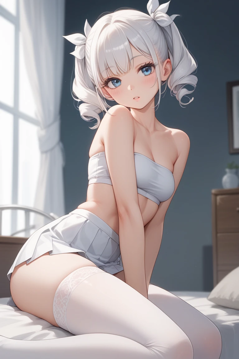 8k, top quality, masterpiece, 1girl, Taking donward facing dog pose , practicing yoga lesson , side view, (white nylon leotard, silver garter belt ), slim and soft, translucent skin, beautiful blonde hair, very long hair, bang style , the skin is fair and juicy, super cute, asian girl, super big cute eye, shiny heart shaped pupils, round face, beautiful breast, slim curve, smiling full of compassion, full of love, ashamed,