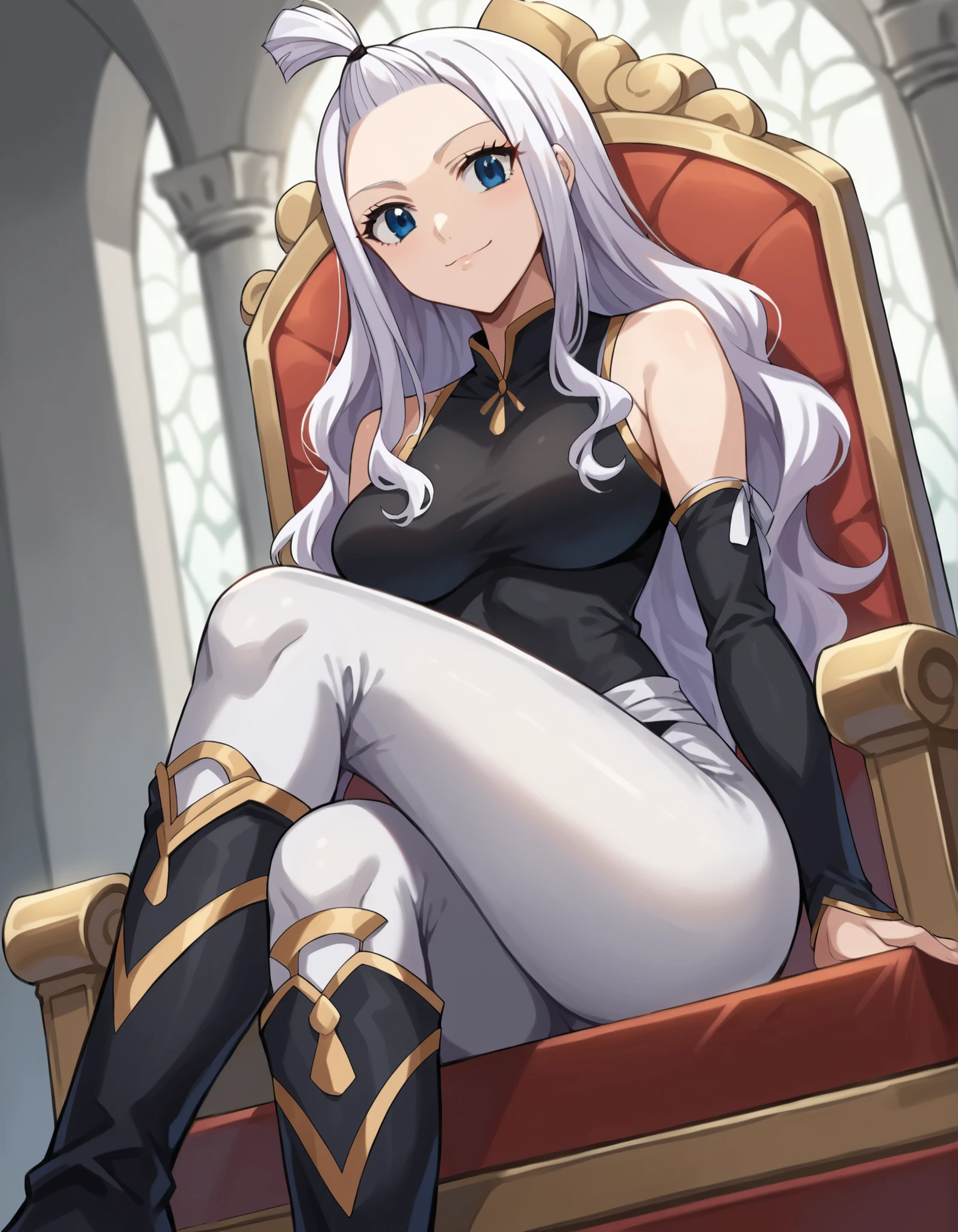 score_9, score_8_up, score_7_up, source_anime, anime, solo, 1 woman mirajanestrauss, mirajane strauss, long hair, blue eyes, white hair, forehead, outfit with gold trim, black top sleeveless, extra sleeves, tight pants, white pants, black boots, black thigh boots, in a white castle, looking at viewer, dutch angle, cowboy shot, sitting on throne, crossed legs, very beautiful, seductive smile, femdom