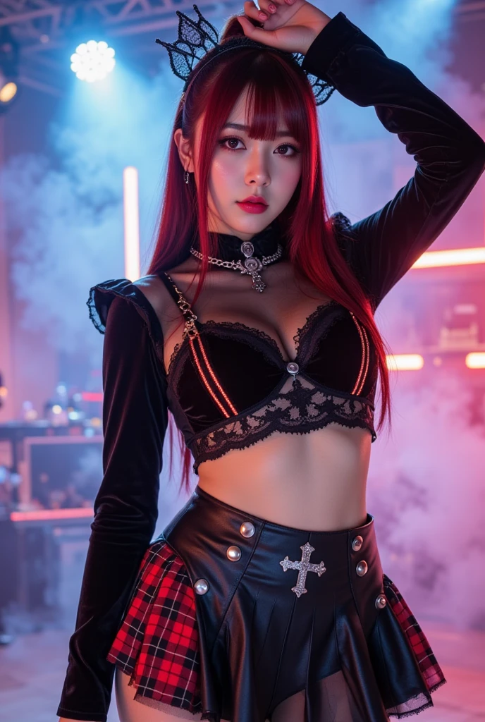 glowing skin, lips, sacimaer detailed skin, Beautiful face and detailed pink eyes, Spotlight, professional lighting, 1 girl, Alone, long hair, wearing a cute outfit, natural pose, lips, indoor, realistic, I want the whole image be created, face and body of blackpink's Jennie kim with red hair and in four places with different poses doing random things  glowing skin, lips, sacimaer detailed skin, Beautiful face and detailed pink eyes, Spotlight, professional lighting, 1 girl, Alone, long hair, natural pose, lips, indoor, realistic, I want the whole image be created, face and body of blackpink's Jennie kim with red hair and in four places with different poses doing random things cosplaying of some character Mitsuri of Demon slayer using her clothes and accessories, even her katana 