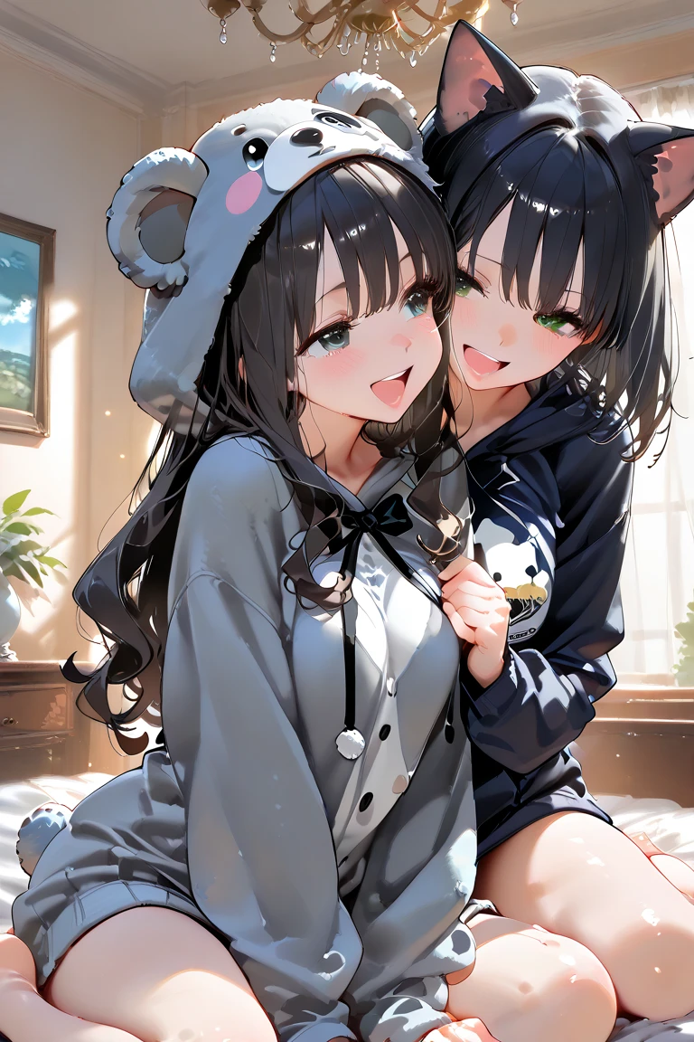 beautiful couple of man and woman (junkotvv and neocruz brown eyes and beard), (Masterpiece), Best Quality, (extremely detailed face), extremely detailed eyes,  perfect lighting, General detail,(junkotvv) detailed, deep skin,textured skin,
,Bear costume ,black Bear costume, long sleeves, hood up,,mauve , long black fur, Red eyes, big smile,in bed ,sitting between pillows, with a bucket of Popcorn, a television in front 
,