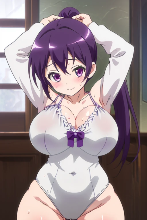 highest quality, masterpiece, (lean forward:1.4), 1 girl, armpit, cleavage, expand your chest, enchanting smile, (blush:1.1)