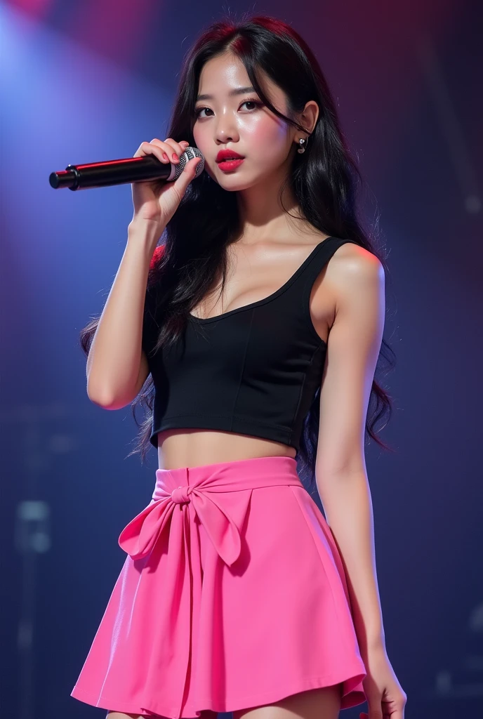 Twin-tailed,AKB48, idol,young Japanese idol,masterpiece, highly detailed, 1girl, solo, on the stage, singing, gigantic breasts, (button gap:-0.5)