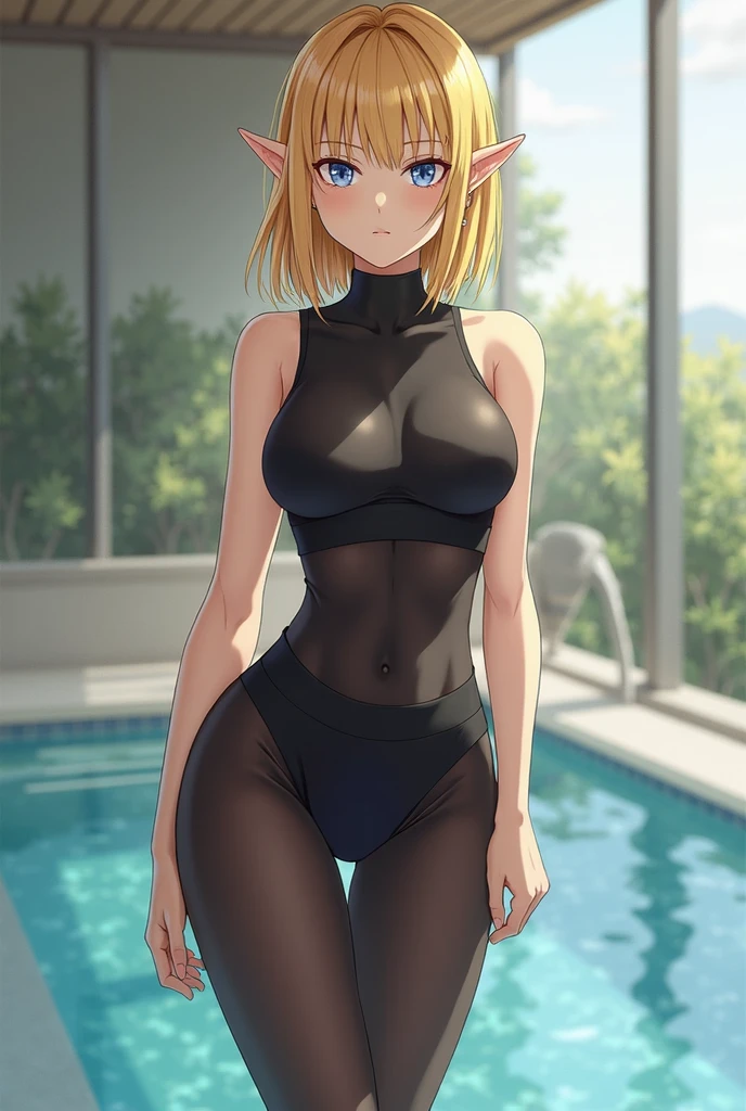 highest quality, High resolution, whole body,AND18, 1 girl, android 18, alone, golden hair, blue eyes, short hair,earrings,big breasts, frown,troubled face, panic,Sweat,1 girl, black leotard, black high leg cut,( drown in the swamp:1.2),restrained, Please raise your hand, Are standing,