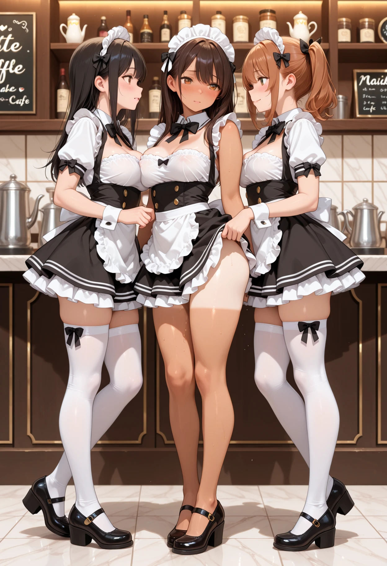 ((2 girls))、((smile))、blush、black shirt、blouse、((fun))、（small breasts）、Chirarism、black hair、(single braid)、((white apron:1.5))、((maid))、((hair ornaments)),  thighs, 壊す in house, ((in house:1.5))、 BREAK looking at viewer、torn skirt，(grab the skirt:1.0)、 (perfect hands, perfect ???????),cowboy shot、((shaved pussy:1.5))、(skirt that rolls up:1.3)、(Highly detailed labia fully exposed:1.5)、(Photo seen from below:1.3)、skirtlift