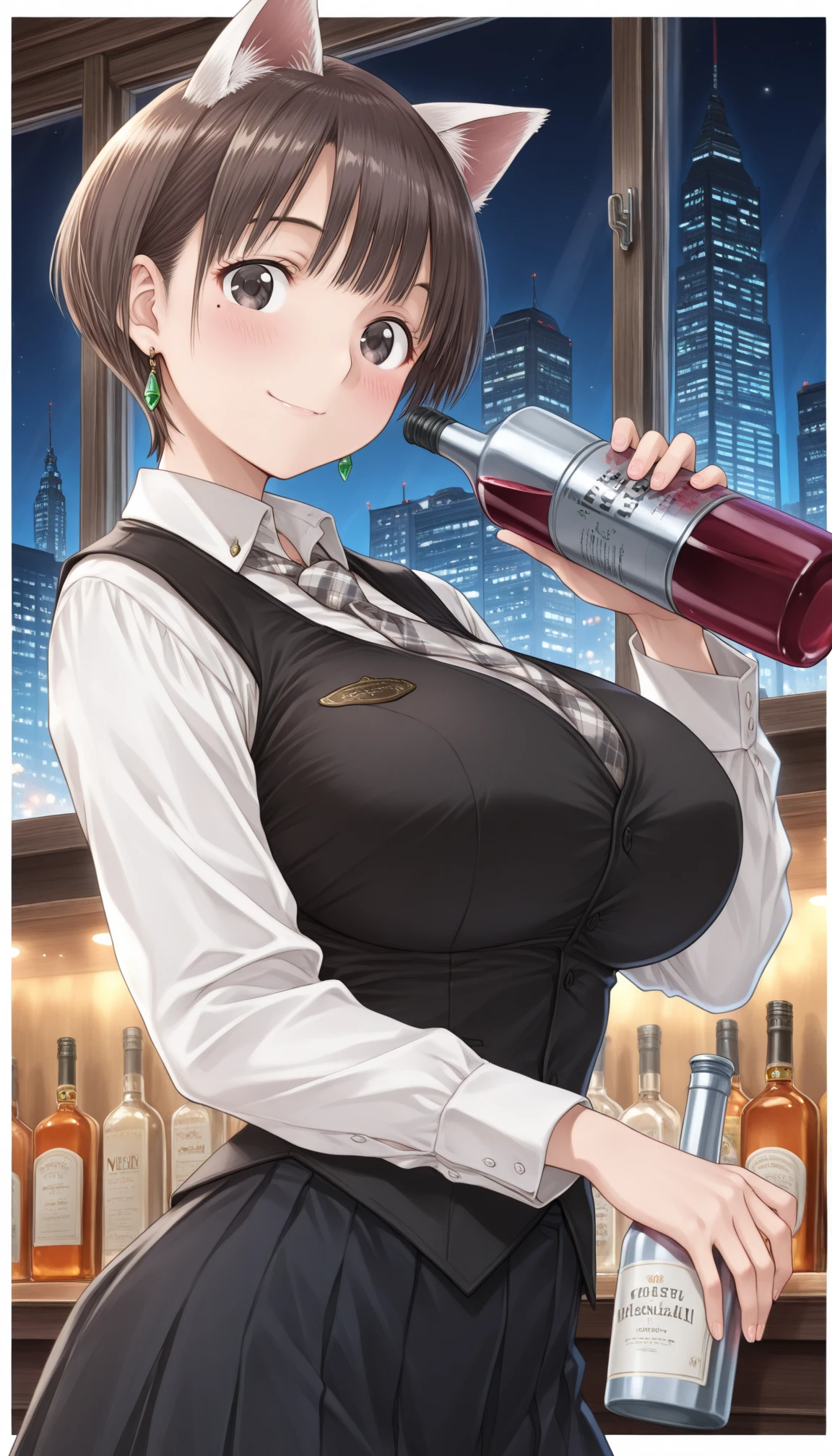 (1milf, solo), sitting, (sleeveless shirt, bartender uniform, bow tie), French twist updo, embarrassing big smile, (masterpiece best quality), delicate illustration ultra-detailed, sagging huge breasts, (bar counter, cashier), work desk, detailed background, (((showing hairy armpit hair))), thick makeup, upper body only, pamphlet, in bar counter, sweating, menu, whiskey bottles, bar atmosphere, sperm drink