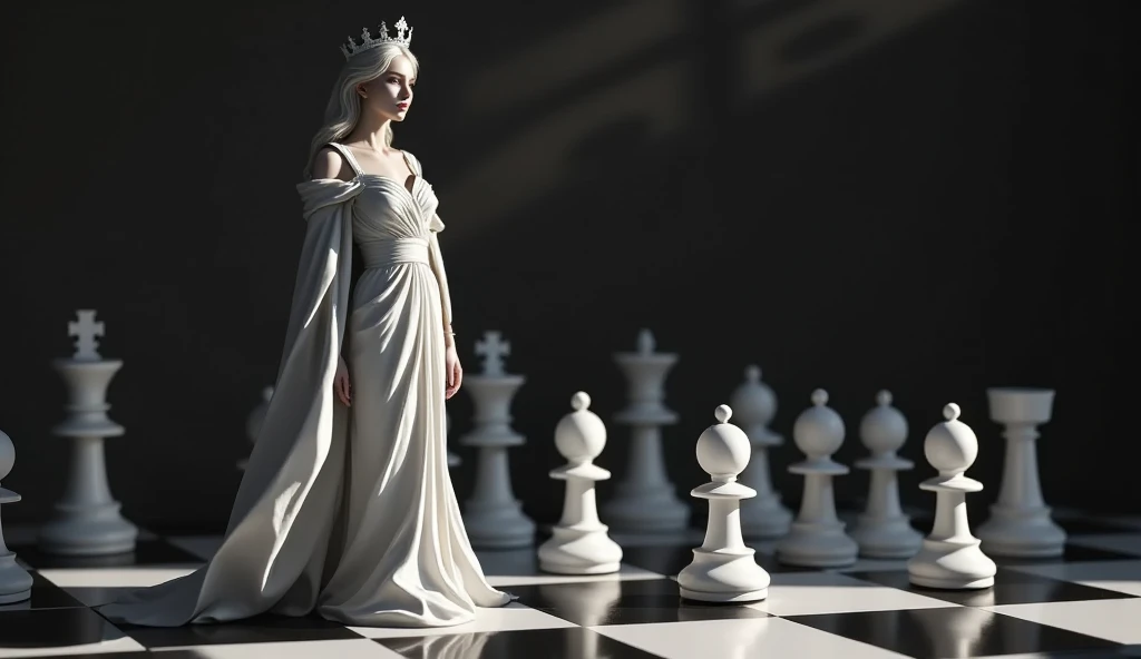 Elegant woman clothed in a long dress with a palette of black and white standing amidst an oversized chessboard, each square hosting alternating black and white pawns, white spotlights casting extreme edge lighting that emphasizes her enchanting visage, digital painting capturing a surreal atmosphere filled with glittering details and delicate features, fantastical elements woven throughout, bright ambiance enhancing the surreal environment, digital painting, 8K
<lora:zavy-cntrst-sdxl_Dark Atmospheric:0.8> <lora:artfullyECHELIER_SDXL_V1:0.8> <lora:EnvyDramaticPortraitXL03:0.8>, Midjourney