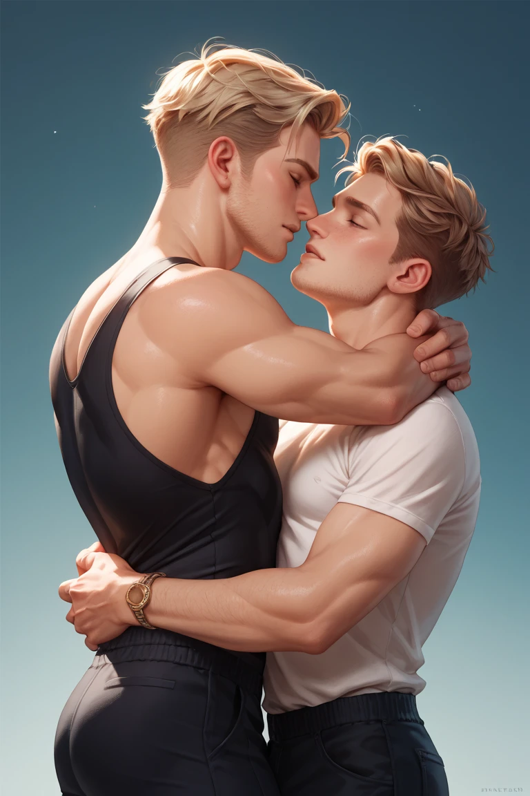 Scene of two beautiful men hugging each other、The first was 25 years old、he is tall, toned and muscular body.、Blue eyes and blond hair are attractive、He is charismatic、The other is a young man who is only about 18 years old.、slim body of average height、Characteristic jet-black and purple eyes、in college、Passion and curiosity for art、cheerful and positive personality、There is a strong trust and deep bond between the two.、Supporting everyone、admit。The scene that says、Draw with beautiful backgrounds。