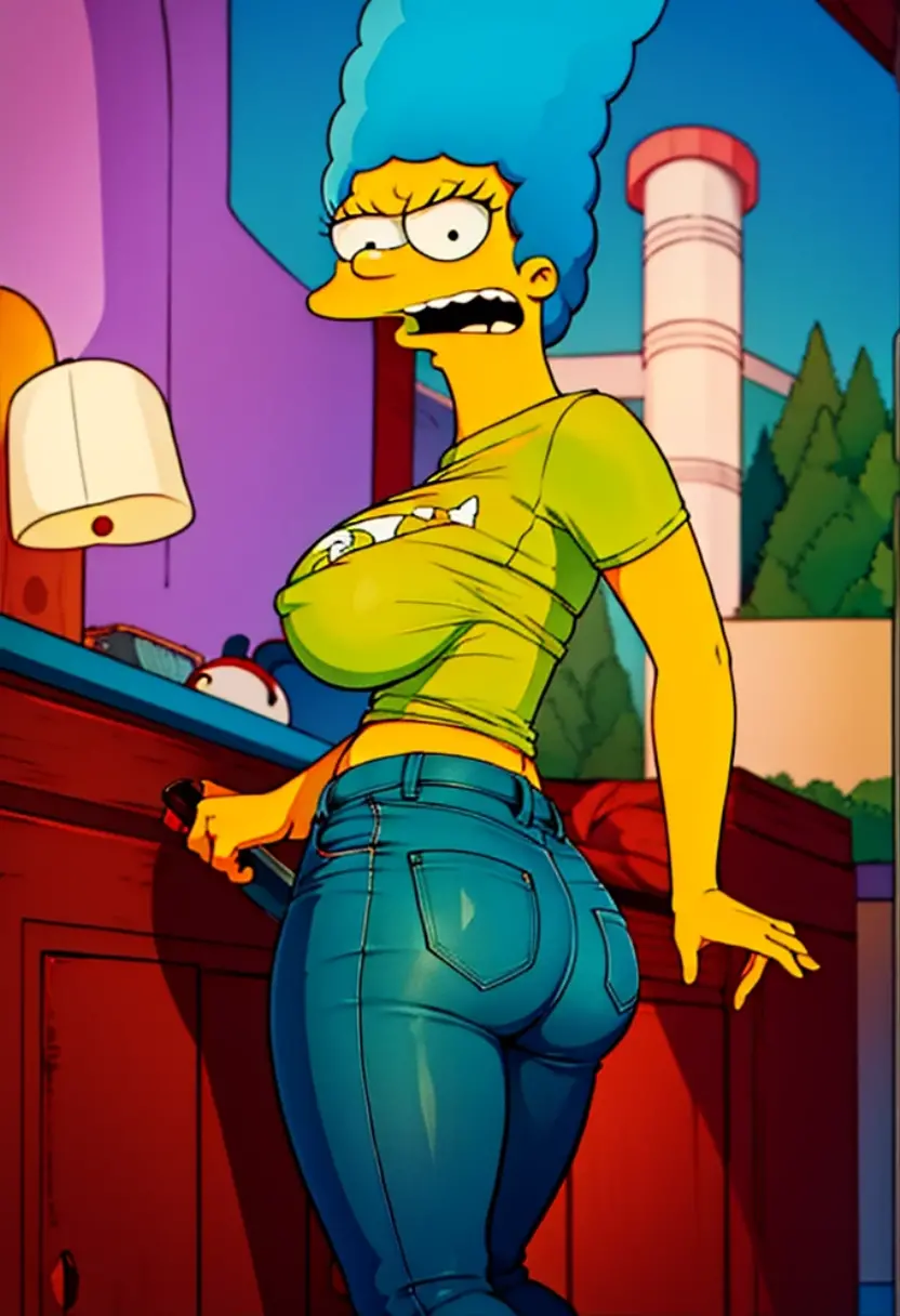 high resolution, Marge Simpson, work of art, 1 girl, ((booba)), angry face, hair blue, long hair,Broad Hips, thick thight, giant breasts, green t-shirt, huge round ass, yellow skin, niplles, close up, curving, futa cock cum