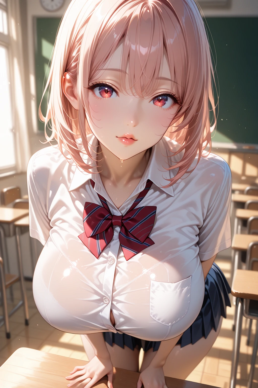((Highest quality, 8k, masterpiece :1.3)), (Sharp focus :1.2, Beautiful woman with perfect figure :1.4, Slim Abs), ((Big Breasts, Emphasize cleavage:1.3)), (Photorealistic:1.4), (realistic:1.4), (Pink Hair:1.5), Highly detailed face and skin texture, Fine grain, double eyelid. Makeup face, A little bit of lipstick, sex appeal, Sexy gravure pose, ((White blouse and black skirt、Background is blackboard in classroom、Smiling high school girl with arms folded、Cross Necklace。:1.3)