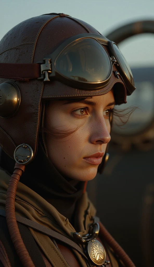 Close-up portrait of a female Soviet pilot in leather helmet and goggles, wind blowing through her hair, eyes focused with courage and resolve, background slightly blurred with aircraft details — cinematic lighting, ultra-detailed, 9:16.