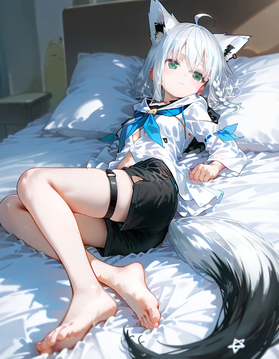 NSFW,masterpiece,Highest quality,High resolution,Super detailed,Snowstorm、Gray Hair、One-sided braid、Ahoge、Earrings、Fox Tail、fubuki_base、White blouse、Sleeveless、Black shorts、Blue neckerchief、Thigh straps、Single knee socks、White Hair、One side braided、Ahoge、Earrings、Fox&#39;s Tail,Embarrassed,Estrus,Lust,blush,Expecting face,Seduce,Girl&#39;s Room,bed,From above,Lying down,Lying on your back