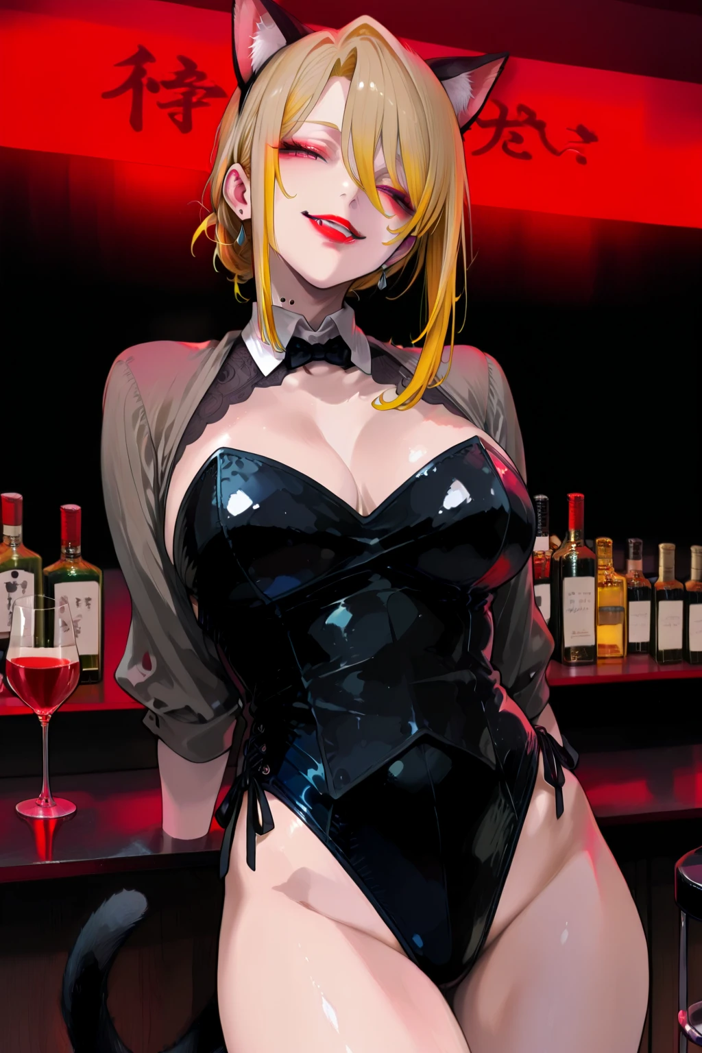 ((Best quality)), ((masterpiece)), (detailed), ((masterpiece)), ((high quality)), solo, oshino shinobu, blonde hair, (((seductive look))), small breasts, unzip suit, look at viewer, in the night club, sexy, erotic