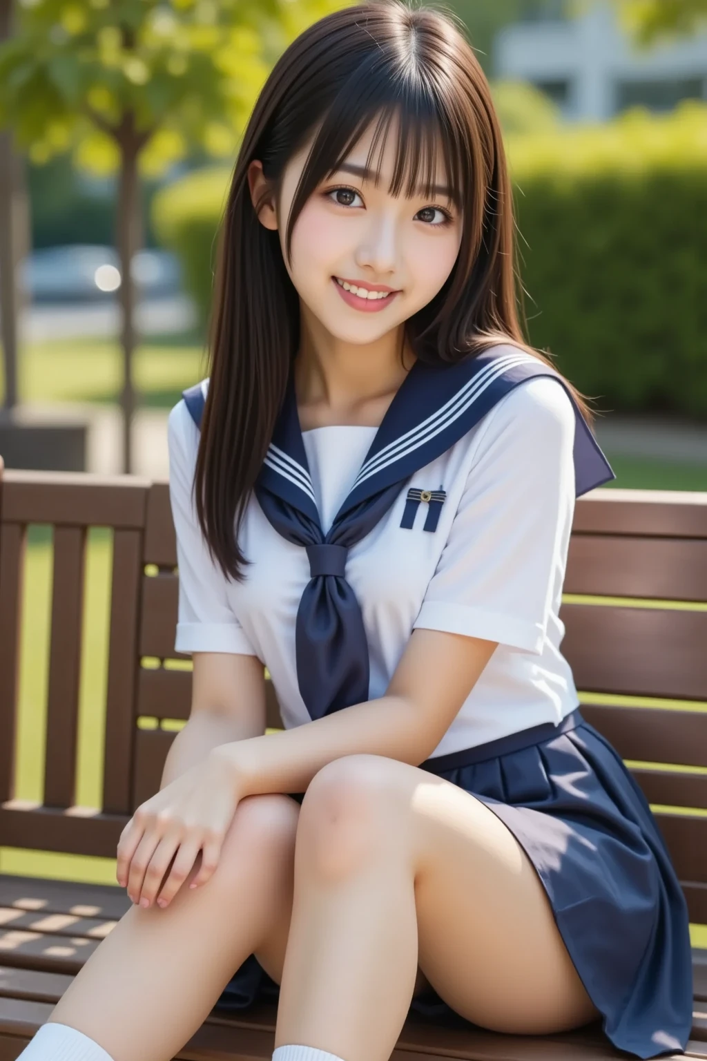 Beautiful woman、18-year-old 、full body shot、80 mm、small breasts、small breasts、small breasts、A sloppy smile、school uniform、NSFW、sit and open your legs、garden