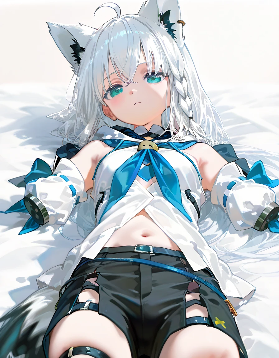 (best quality:1.2), (ultra detailed:1.2),(masterpiece:1.2),(8k:1.2),(aafbk, long hair, ahoge, animal ears, breasts, fox tail, blue neckerchief, white hoodie, detached sleeves, white sleeves, navel, short shorts, black shorts, thigh strap, single thighhigh, black thighhighs),(Blessed,Captivating body、Ultra detailed hands、Ultra-detailed eyes、Ultra-detailed skin、ultra-detailed face,Detailed Background),One Girl、(bedroom,lie down, watery eyes,arms up:1.5),(Embarrassing:1.5)