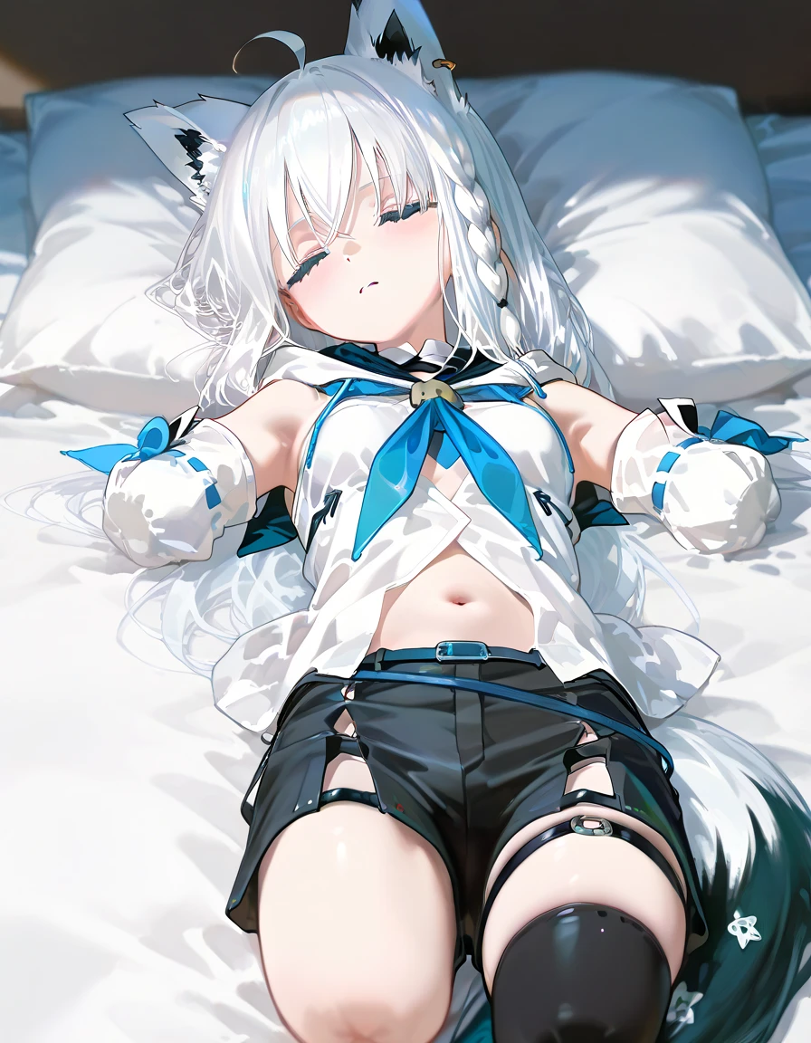 score_9, score_8_up, score_7_up, score_6_up, score_5_up, score_4_up, rating_explicit, BREAK, <lora:fubukiXL-10:0.95> fubukibase, white blouse, detached sleeves, black shorts, blue neckerchief, thigh strap, single thighhigh, white hair, single side braid, ahoge, piercing, fox tail, pentagram lying on back, perpendicular to the camera