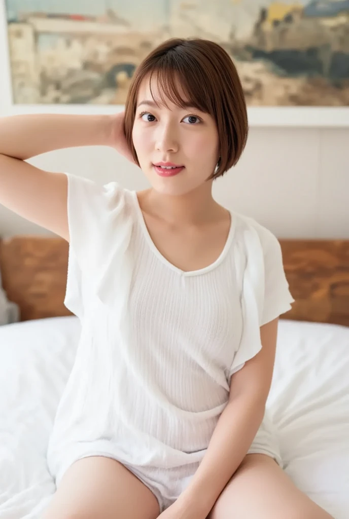 best quality, face focus, soft light, (depth of field) ,ultra high res, (photorealistic:1.4), RAW photo, (moody lighting, night:1.2), bedroom,
(upper thigh:1.4)
1japanese girl, solo, cute, kawaii, (shy, smile:1.1), (brown eyes), natural face, (short hair),
(sit on gray linen chair)
BREAK
(white naked oversize t-shirt:1.2)