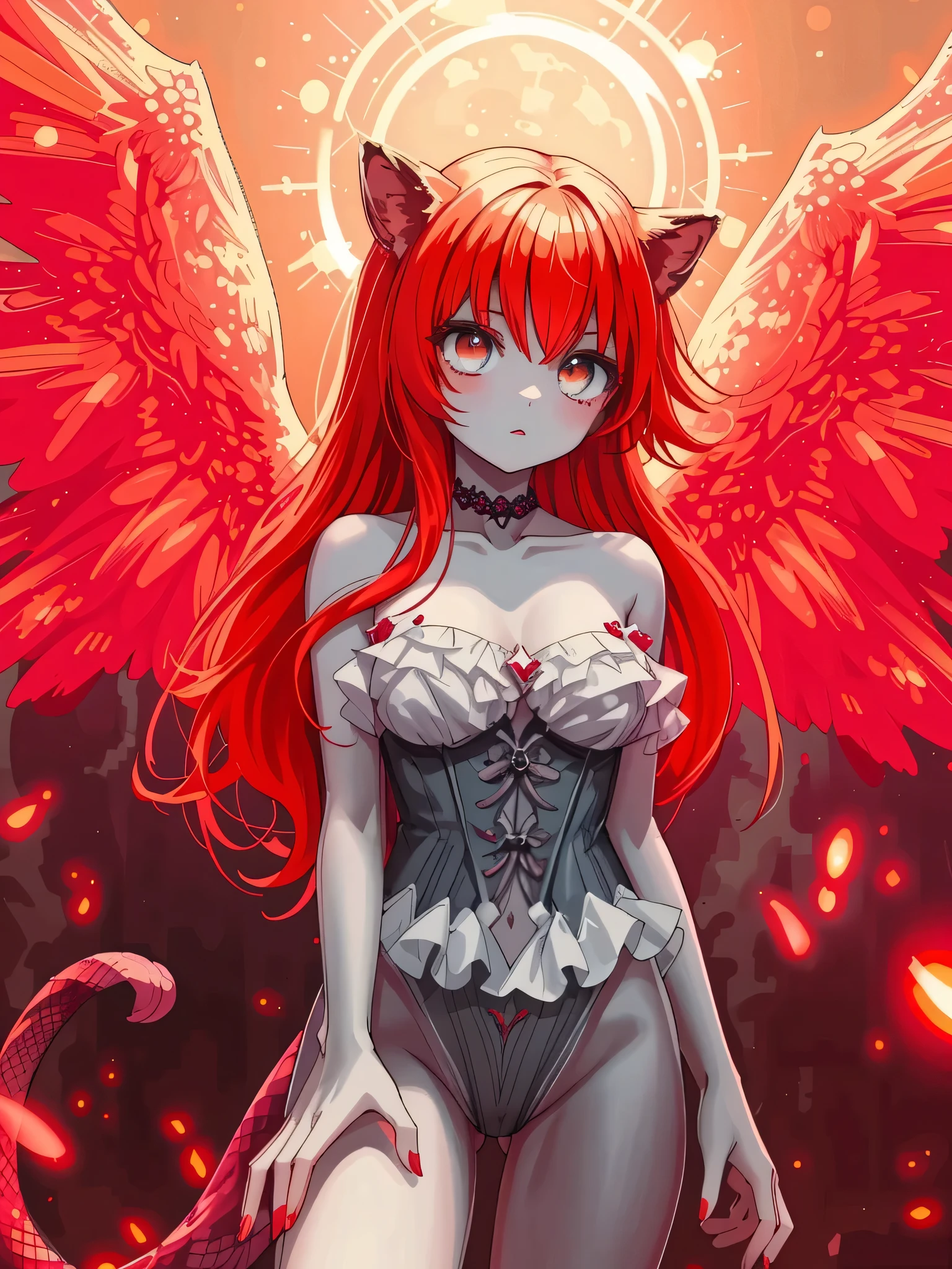 ((Highly accurate drawing across the details) Extremely accurate depiction )[high resolution],((realistic texture expression)),(Clear and precise illustrations),(Very fine and precise drawing ),(Delicate lines with slow speed)[[Beautifully color-tressed main lines]], Digital Data Hell Background[Explosive Flame[magma]],(([Fallen Angel[Silicon life forms]]Lion Girl)BEASTGirl(Beautiful girl)[[[Eyes of the Beast]big eyes( Crimson Eyes)]])[Immature](Blue-gray skin:1.6)((Glutinous meat))(( redhead:1.4)Burning Flame Mane[burning])[Very thin chest[Pointed nipples]][リアルな乳頭のdetails][A poisonous snake with a tail][Prismatic feathers[Snake Scales]],[A halo of fire overhead](羽毛と花弁で飾られたFallen Angelのワンピースドレス[[frills][Complex and Beautiful Lace Processing]][[[see-through]]Wear soft auroral light[Intricate Light Reflection and Transmission]])[off shoulder][Zoroaster[Gnostic false angels ]],[During orgasm](humidity[ecstatic])Natural Eros(gravure),[Ideal Eros],(Fine, and beautiful skin expression[Transparency]),(精密に細部まで描画された美しい目のdetails)[[深いTransparency][Sharply defined pupils](A jewel-like iris)((Beautiful eyes clearly drawn down to the smallest detail))]),[[Eye Light[Pinpoint lighting for the eyes]]],[Long and beautiful eyelashes],[Soft looking lips],[[Uncluttered hairstyle]Intricately drawn hair[美しく艷やかな髪のdetails]],(完璧な手のdetails[Beautiful fingers without flaws[Beautiful nails]]),[[[[Beautiful navel]リアルな臍のdetails]]],(Perfect Anatomy(Perfect, well-balanced proportions))[[full body image:0.4]],[[High level of design[The golden ratio]]][ideal color coordination(Accurate simulation of light and material interactions)[Beautiful and vivid color]],(HighQuality,high resolution,(details,高Fine)),[[Soft ambient light]],[Realistic],[[Deep color(Transparency)]][Narrative visual art][[full body image:0.4]][[[Transparencyのある彩色]]][Colorful],[[Personalization]]((top quality)Fine[[High density drawing]])(最high resolution).