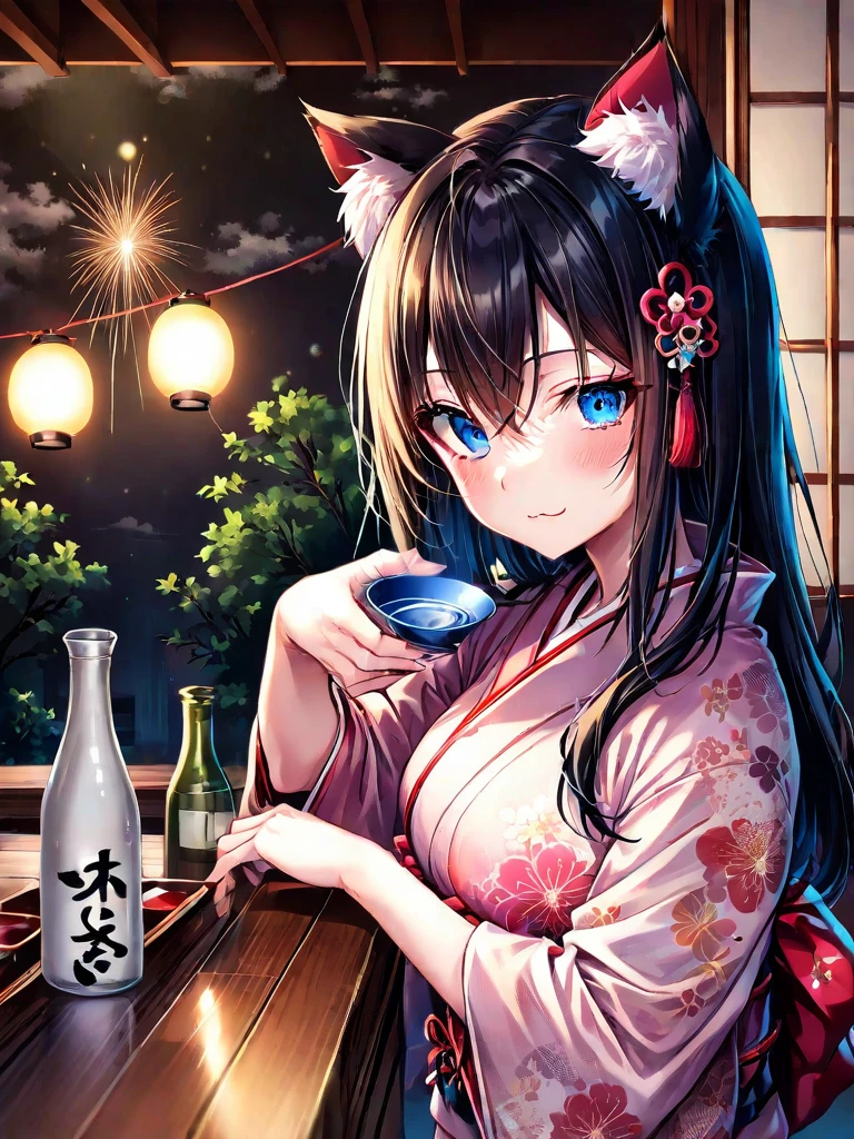top quality、Night bar,Japanese-style counter 、 Clothes,Cat ears、Japanese style kimono、Alluring Kimono、bewitching girl、　　　Dim Interior、dim light、　　A bottle of sake is placed、Hold a cup in your hand、Push out the cup、The cat can is there, is wearing a kimono、