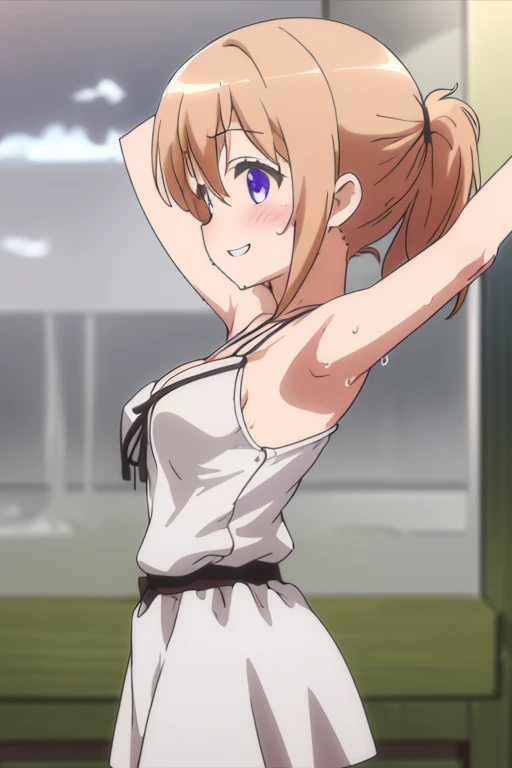 masterpiece, high quality, 8k, Beautiful lighting,sunny day, 1 girl, alone, Miyako Shikimori, ,((White tank top)),,(See-through clothing), Sweat,（White lace panties）,(Grey mini skirt）,（Panty shot）, ((Belly details)),(slender thighs), Detailed navel, blush,Legs closed, Medium chest,,Lie on the classroom floor,White lace panties
