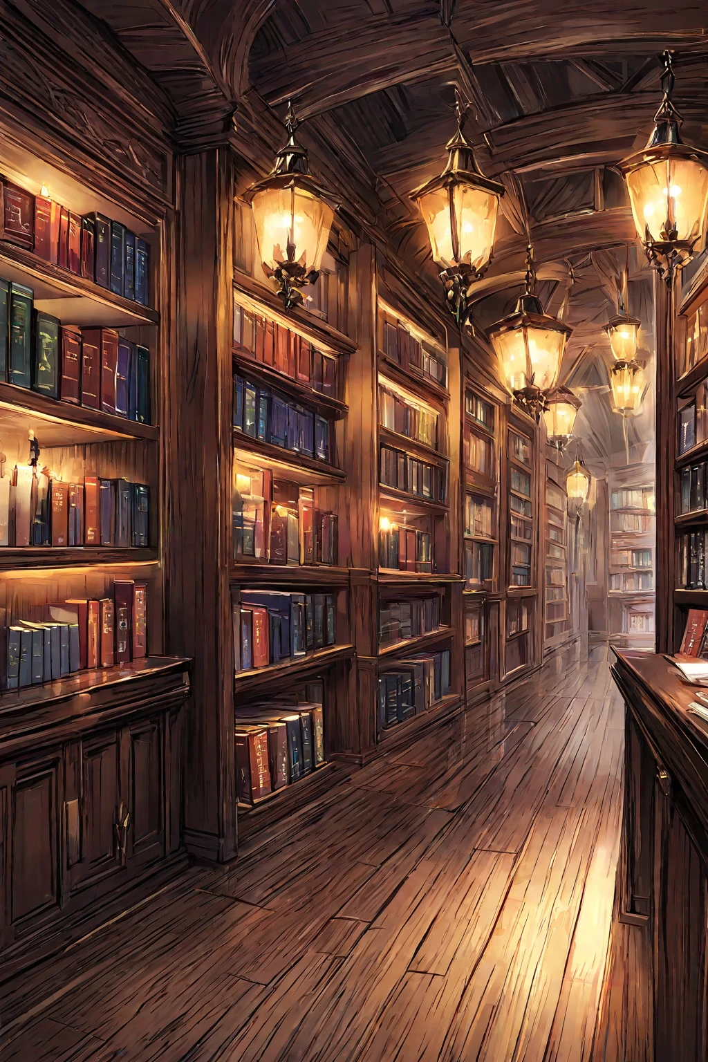 interior view, a cozy and slightly cluttered old bookstore at night, dim warm lighting from vintage lamps and candles, thousands of books on wooden shelves, soft amber glow reflecting on polished wooden floor, a sleeping shopkeeper resting behind the counter, floating letters and glowing books gently drifting in the air, magical atmosphere, poetic and nostalgic tone, no humans in focus, dreamy soft lighting, digital painting, high detail, masterpiece:1.5, best quality