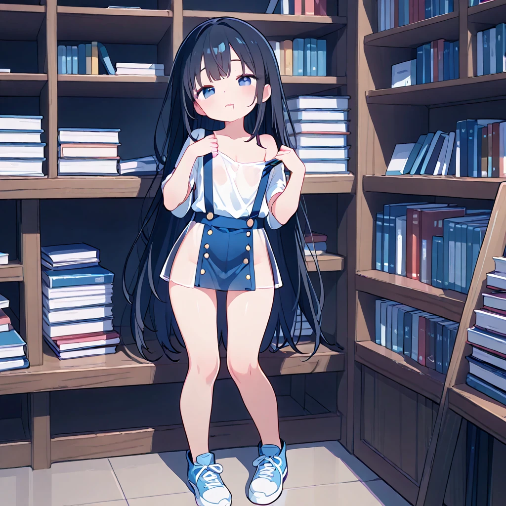 ((masterpiece,Highest quality;1.3,best illustration,realistic)),Being forced to expose your underwear、1woman、独奏,25 year old Japanese beauty,((very small head:1.3)),center parted bangs,forehead,black hair,long hair,black eyes,gorgeous eyes,tears,shy,sad,medium breasts,((very long body)),((toned body,slender body,skinny)),gleaming skin,shiny skin,oily skin,(White tank top、No sleeve、Dark blue pleated mini skirt、A rolled up skirt)、White panties、Love juice,library、Tokyo、