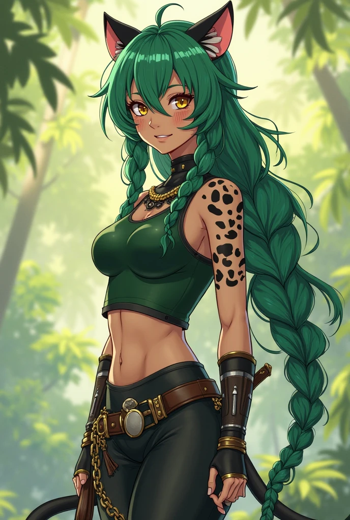 Muscular hyena woman with scars, smiling, anthropomorphic, wearing a green dress and a green eye patch, striking a bodybuilding pose.