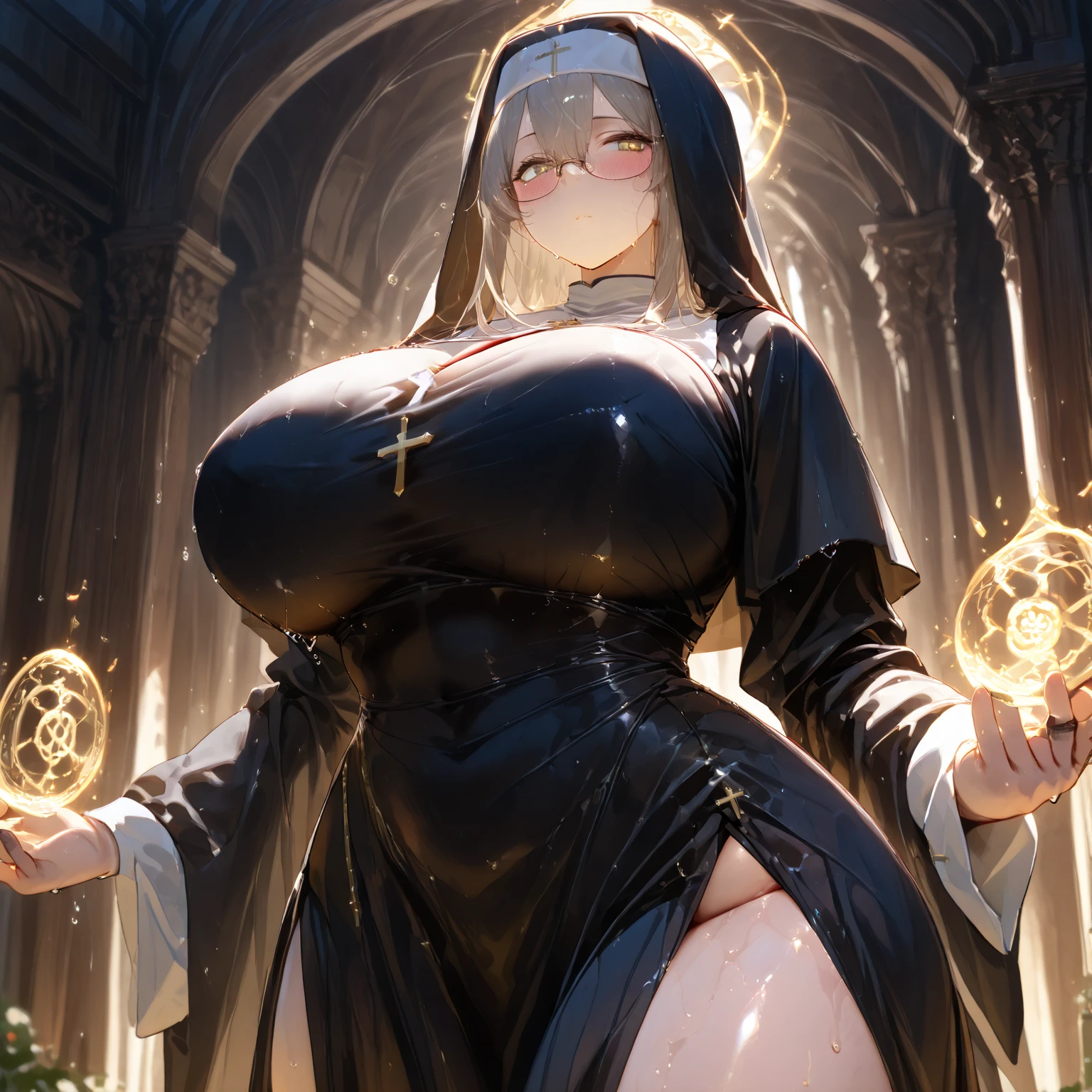 nun, 1girl, solo, hood, gloves, faceless, plague doctor mask, thin transparent tabard, pelvic curtain, gigantic breasts, wide hips, tall, looking at viewer, solid eyes, athletic, dark victorian town outdoors, fog, mist, lantern, glowing butterflies, volumetric lighting, best quality, masterpiece, realistic