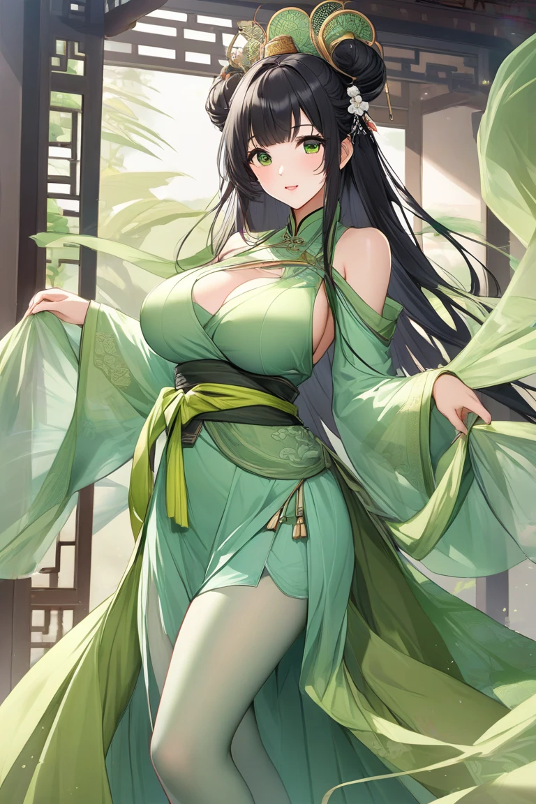 gigantic cleavage breasts，Solo，Gorgeous Hanfu，Green Hanfu，Hanfu，Female Taoist，Chinese medicine，Black hair，Golden pupils，Black leather boots，Sit in a waiting chair at the bus stop，Wait for the bus，Heavy rainy days，Serious expressions