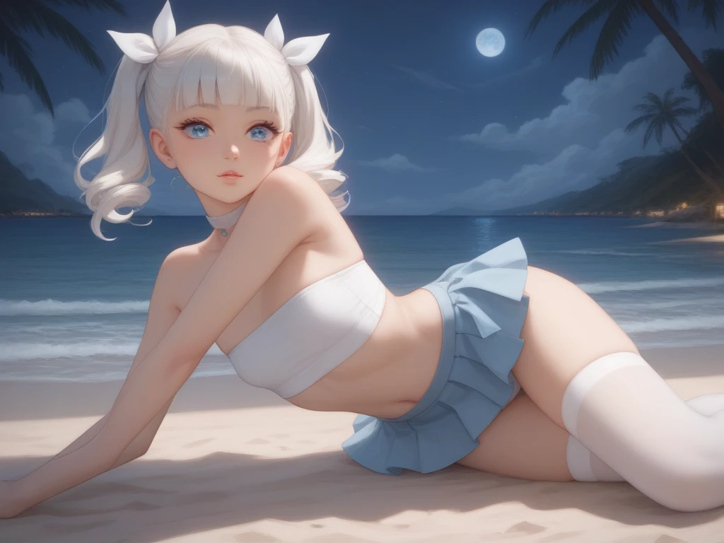 ((Kamisato Ayaka in Genshin Impact)),((showing beautiful butts,beautiful elegant panties)), Butts toward the viewer,(Looking back, butts focus, Lying on the sand on all fours),(beautiful elegant panties), ((topless, beautiful medium , pink nipples)), (sweating), gleaming skin,Embarrassed,Vulgar,low angle,from below, 1girl,((showing beautiful butts,beautiful elegant panties)), ((masterpiece:1.4, best quality)), ((masterpiece, highest resolution)), (beautiful illustration),(semi long beautiful silver blue hair), (beautiful blue eyes),beach, sand, night sky, waves, coconut tree,
cinematic lighting, white over-kneehighs,Lace chalker, diamond necklace,wristband, fingerless gloves, white over-kneehighs, Lace chalker, wristband, fingerless gloves, earrings,