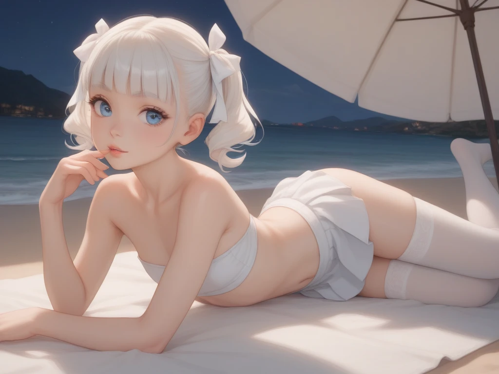 White-haired loli in swimsuit,Hands on the chest