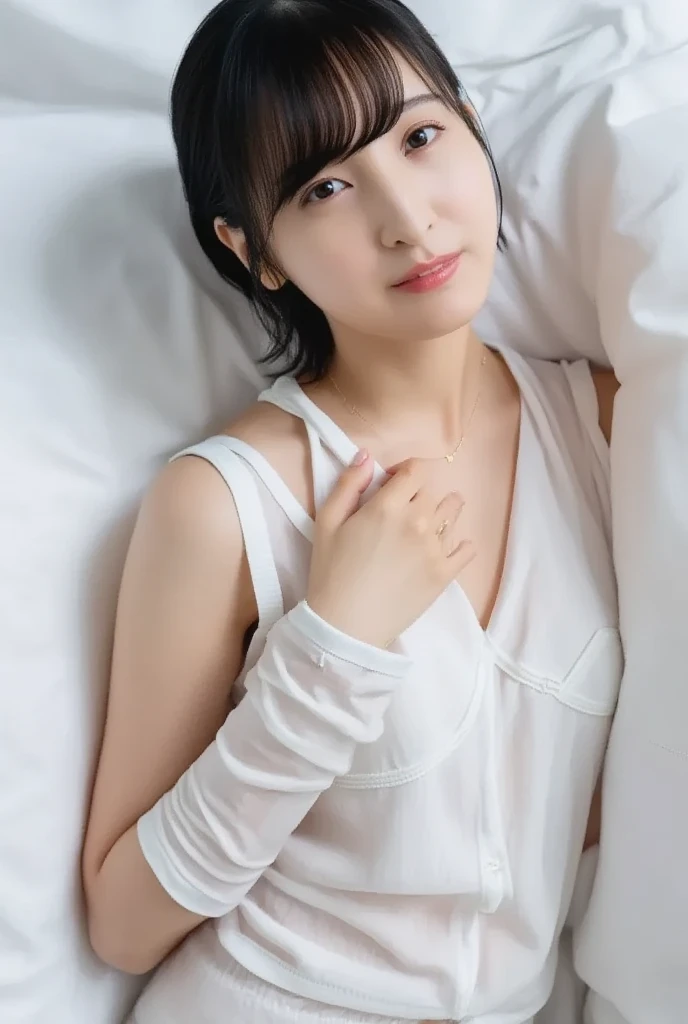 (shoulder-length straight short hair: 1.2),（Extremely meticulous CG 8k wallpaper），（Extremely refined and beautiful），（Masterpiece），（best qualtiy:1.0），（Ultra High Resolution:1.0），beautiful light up，Perfect lightning，realistic shaded，[A high resolution]，Smooth and flawless fair skin，Extremely exquisite facial details，ultra - detailed，A  girl，small head,dawn,Dim light,Close Shot,at home,in bedroom,lying flat on back in bed,Blue green background,(Close eyes:1.5), sleeping, fainting, enjoying a comfortable and intoxicated expression,(open mouth:1.3),(drooling:1.4)，Top down overhead camera perspective，small face，（perfect body:1.1）,small breasts，flat chest，slim,(White pajamas:1.5),(white long pants:1.6),Slender legs,Charming collarbone,m-legs,(femal orgasmic:1.5),(blush:1.3),ahegao