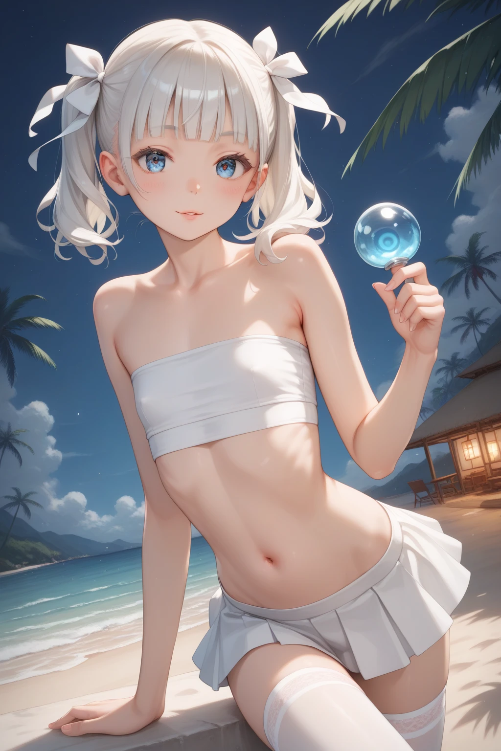 1girle，Lori， oceans，The bikini，urine，mew，flat-chested，White hair，high quailty，high res，Dull hair，Blue eyes，Animal ears