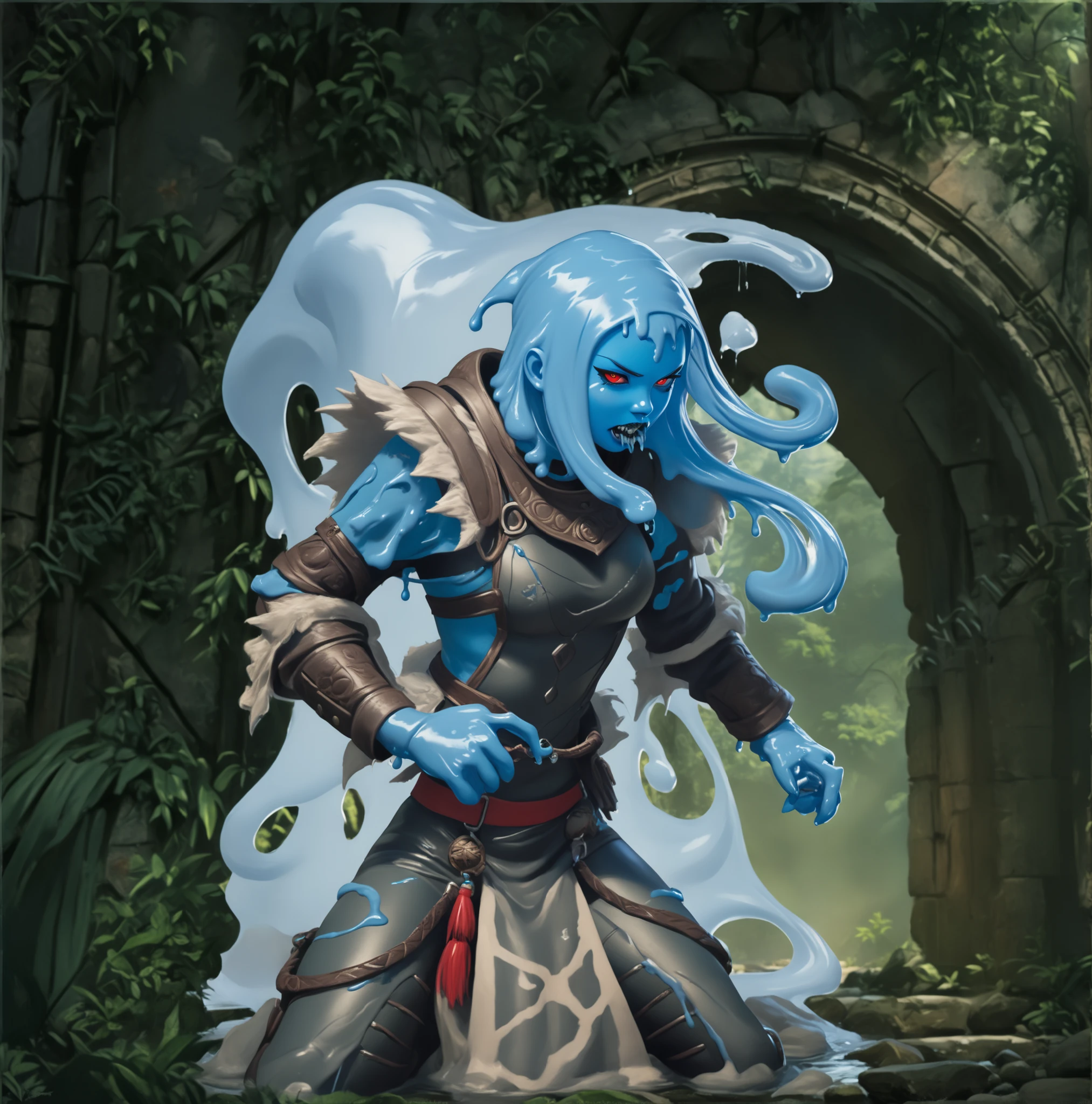 Slender latex slime-bodysuit. Blue latex slime-skin-suit/synsuit. Dripping Asian blue slime monster-girl. Aztec monster-girl. Horror. Cute 18-year-old Asian "venom" slimegirl with Asian red eyes; she is bald and has only a slime-braid with white highlights. Sharp teeth in her mouth. She has a cute and beautiful face in a tight blue latex mask. She has a round and young face with a pointy chin. Her blue latex slime-body is athletic with abs. Background: medieval jungle ruins. Realistic lighting. DnD art-style. fake box art, semi-realistic, Looking at the viewer. She wears an Aztec beaten-up leather hotpants and leather top.