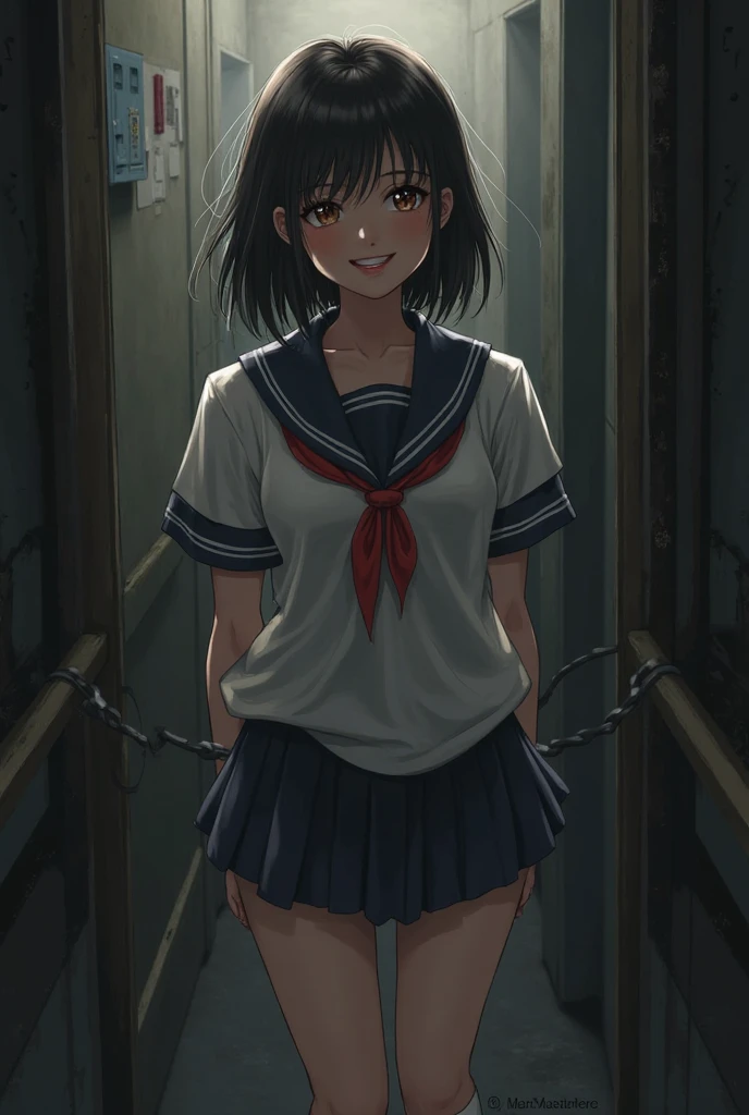 Hands Behind Back,Tied with hands behind back,from front,front view,looking at viewer, looking ahead,from above,cowboy shot,1girl,Beautiful 11 year old girl,Japanese,Slender,,low length,Small breasts,Thin legs,Small Ass,Baby Face,Small face,Black Hair,one side up,Gray Eyes,Drooping eyes,middle School girls,uniform,Short sleeve shirt,ribbon,mini skirt,socks,Collar with leash,open mouth,tongue out,front face,Kneeling,Straight Stand,Beautiful and detailed anime art,Mischievous smile,Sexy vibe,cum on tongue,Dimly lit room,On the bed,Simple Background,Gray background,Low lighting,
