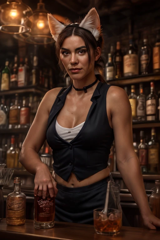 cinematic shot, masterpiece, 8k, photorealistic, an ultra-detailed photograph of a young female bartender with fluffy, realistic black cat ears, working behind the counter of a moody, atmospheric night bar.

**CHARACTER & ACTION:**
She is captured mid-action, carefully pouring a glowing, colorful cocktail from a stainless steel shaker into a chilled coupe glass. Her expression is one of calm focus. Her **skin is hyper-realistic, with visible pores and a subtle sheen from the warm bar lights, rendered with cinematic subsurface scattering (SSS)**. **Individual hair strands** and the **soft texture of her fluffy cat ears** are incredibly detailed. She wears a classic, stylish bartender uniform (e.g., a dark vest over a white shirt).

**BACKGROUND (The Bar):**
The background is an ultra-detailed and authentic bar environment. Behind her, **rows of liquor bottles are arranged on shelves, their labels and colorful liquids catching the light**. A **vintage, warm-glow neon sign** for a brand of whiskey hangs on the exposed brick wall. The **bar counter is made of polished dark wood, showing subtle scratches and wet rings from glasses**. Bar tools, a bowl of citrus garnishes, and other bottles are visible but slightly out of focus. In the background mirror, the **blurry, bokeh shapes of a few patrons** can be seen, adding depth.

**LIGHTING & SHADOWS:**
The scene is dominated by **low-key, atmospheric lighting**. The primary light source comes from **under-shelf lights and the warm glow of the neon sign**, which casts soft, colored light onto her face and shoulders. A **strong rim light** separates her from the dark background, highlighting the silhouette of her hair and cat ears. **Specular highlights** glint realistically off the shaker, the wet counter, the glass, and the bottles, making the scene feel dynamic and alive. **Deep, soft shadows** create a sense of intimacy and moodiness.

**STYLE:**
Shot on a DSLR with a fast prime lens (e.g., 85mm f/1.8) to create a beautiful separation between the subject and the background. The image has the feel of a still from a neo-noir film, with rich colors, deep blacks, and a touch of **cinematic film grain** for texture and authenticity., hyperrealistic textures, sharpness 200%, clarity 200%.