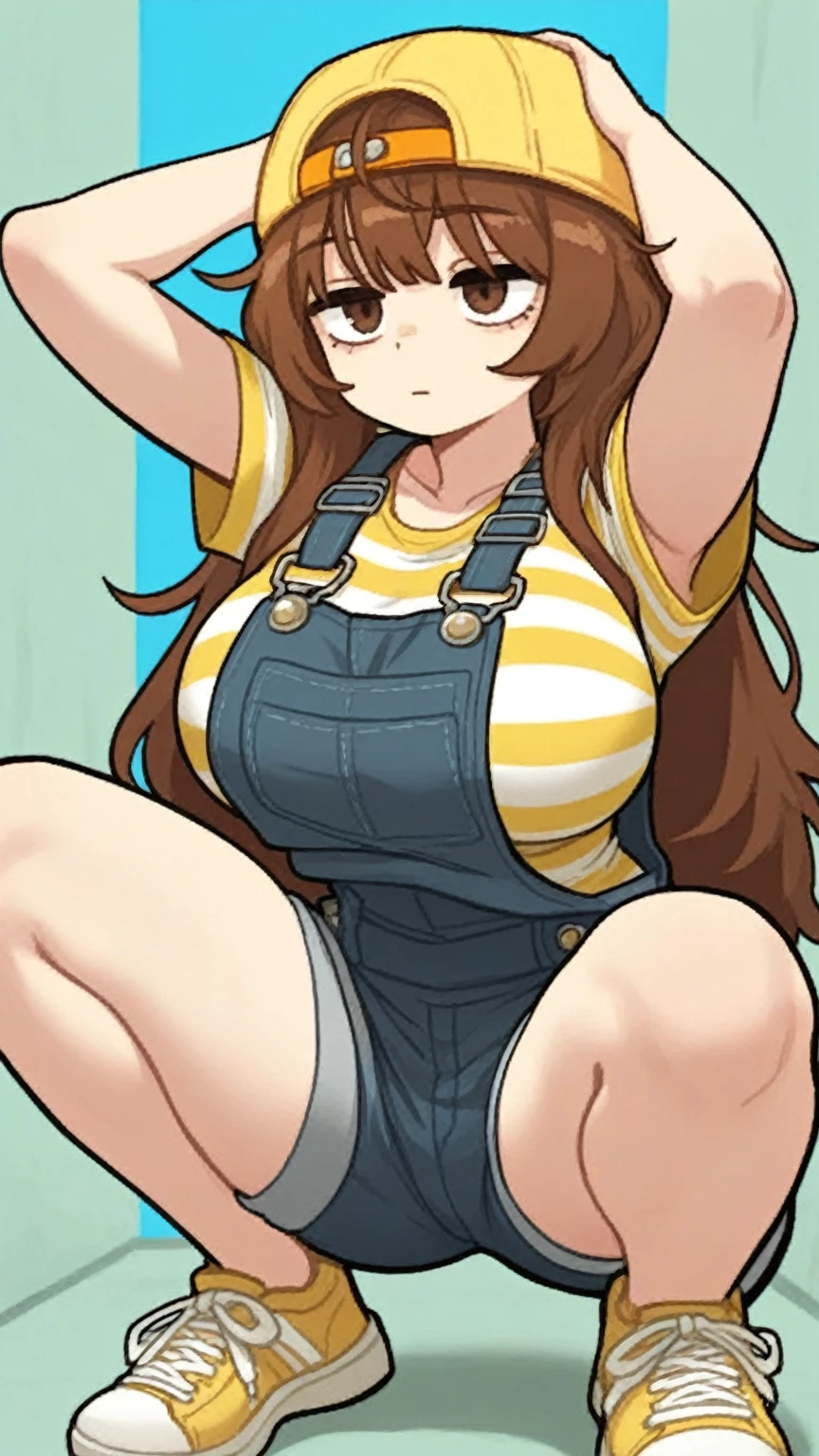 Crossdressing, male effeminate character, {{brown long hair}}, green overalls, green eyes, white t-shirt with black sleeves, messy hair, enormous dick, NSFW, masturbating his enormous dick