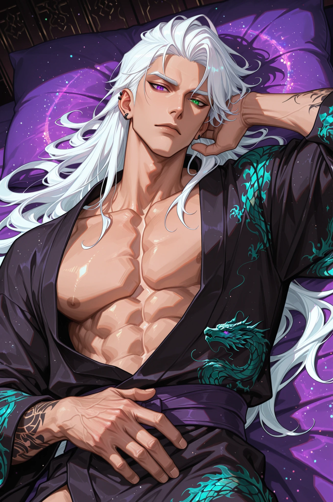 male, handsome, tall, finely detailed purple and green heterochromia eyes and detailed face, puffy lips,, ((very long white hair)), more details, humanoid dragon-god, looking at the viewer, light skin, lying down on bed, detailed textures, (((male focus))), masculine, semi-realism, single character, black yukata, piercing,masterpiece, best quality, ultra detailed, 8k unity wallpapers, ray tracing, illustration, colorful, cinematic shadow, extremely detailed background, fantasy character, dnd,bishounen,tsurime,, ultra-detailed, intricate details,masterpiece, best quality, amazing quality, hyper-detailed, newest, very aesthetic